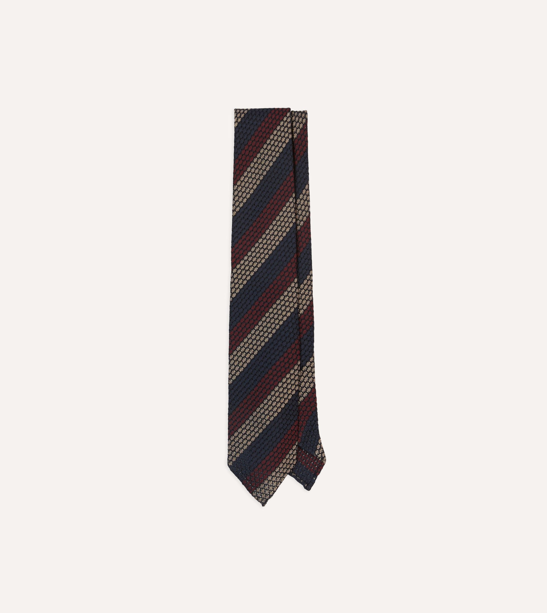 Navy. Red and Gold Block Stripe Hand Rolled Silk Grenadine Tie