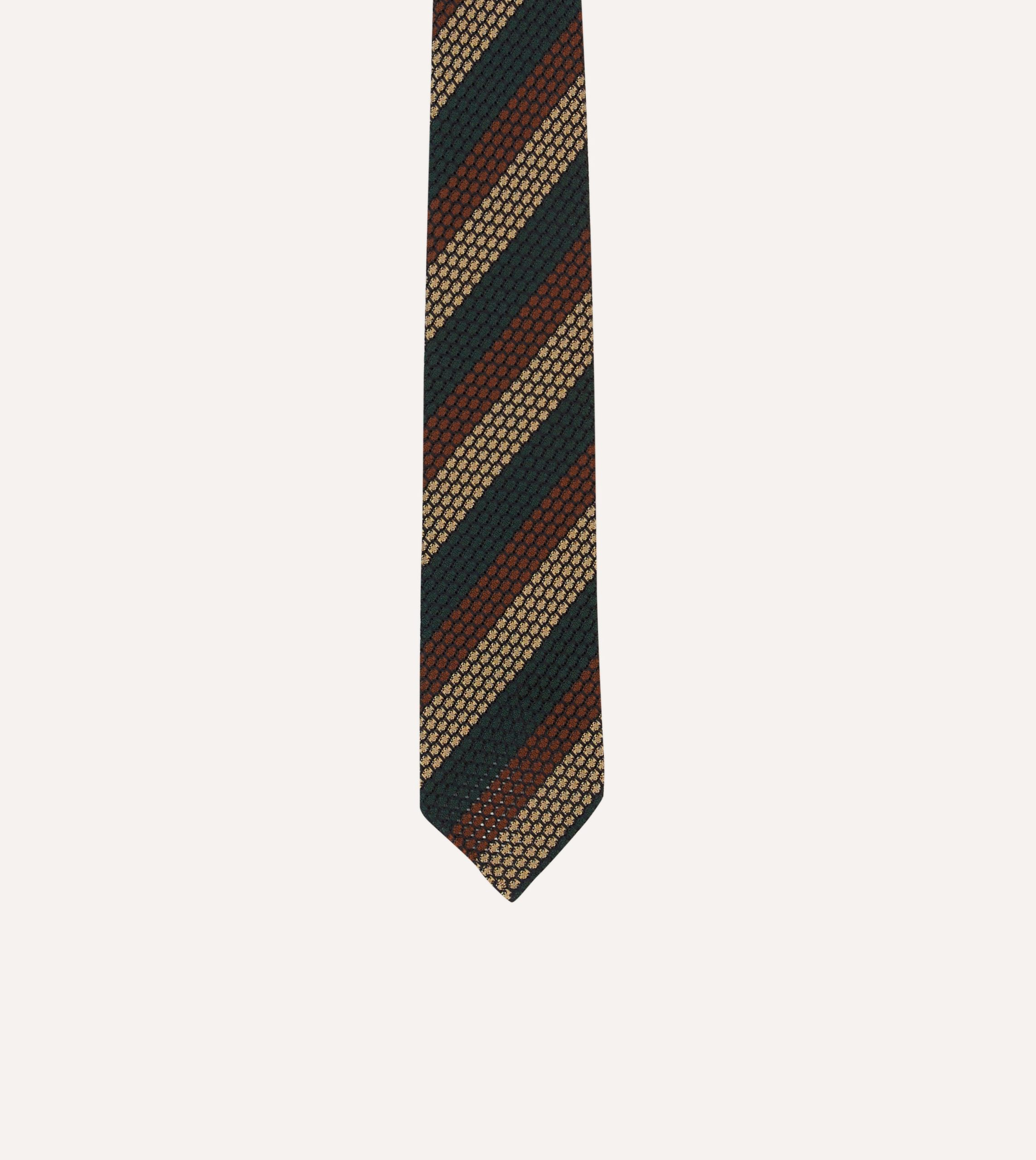 Green. Red and Gold Block Stripe Hand Rolled Silk Grenadine Tie - Image 3