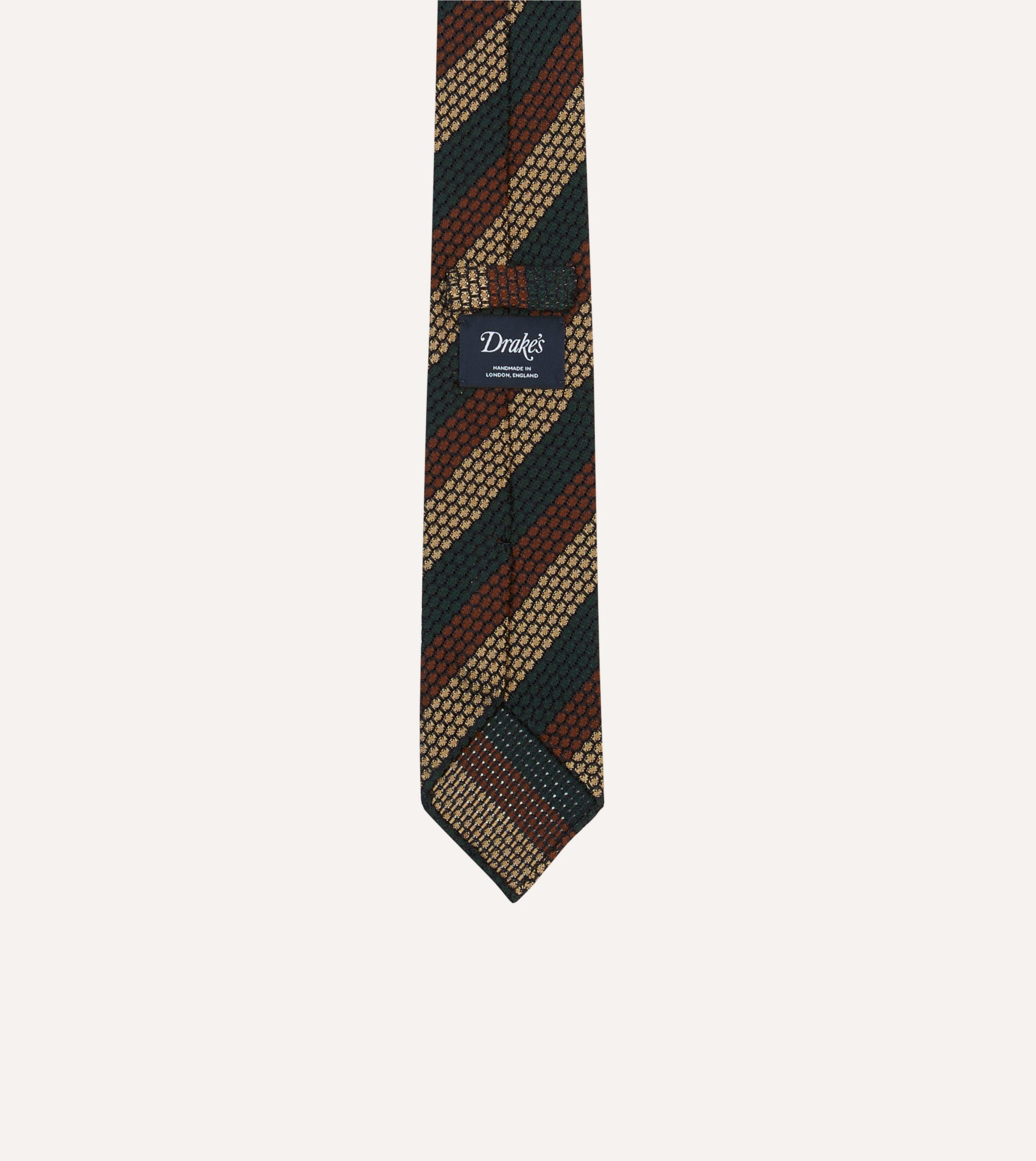 Green. Red and Gold Block Stripe Hand Rolled Silk Grenadine Tie - Image 4