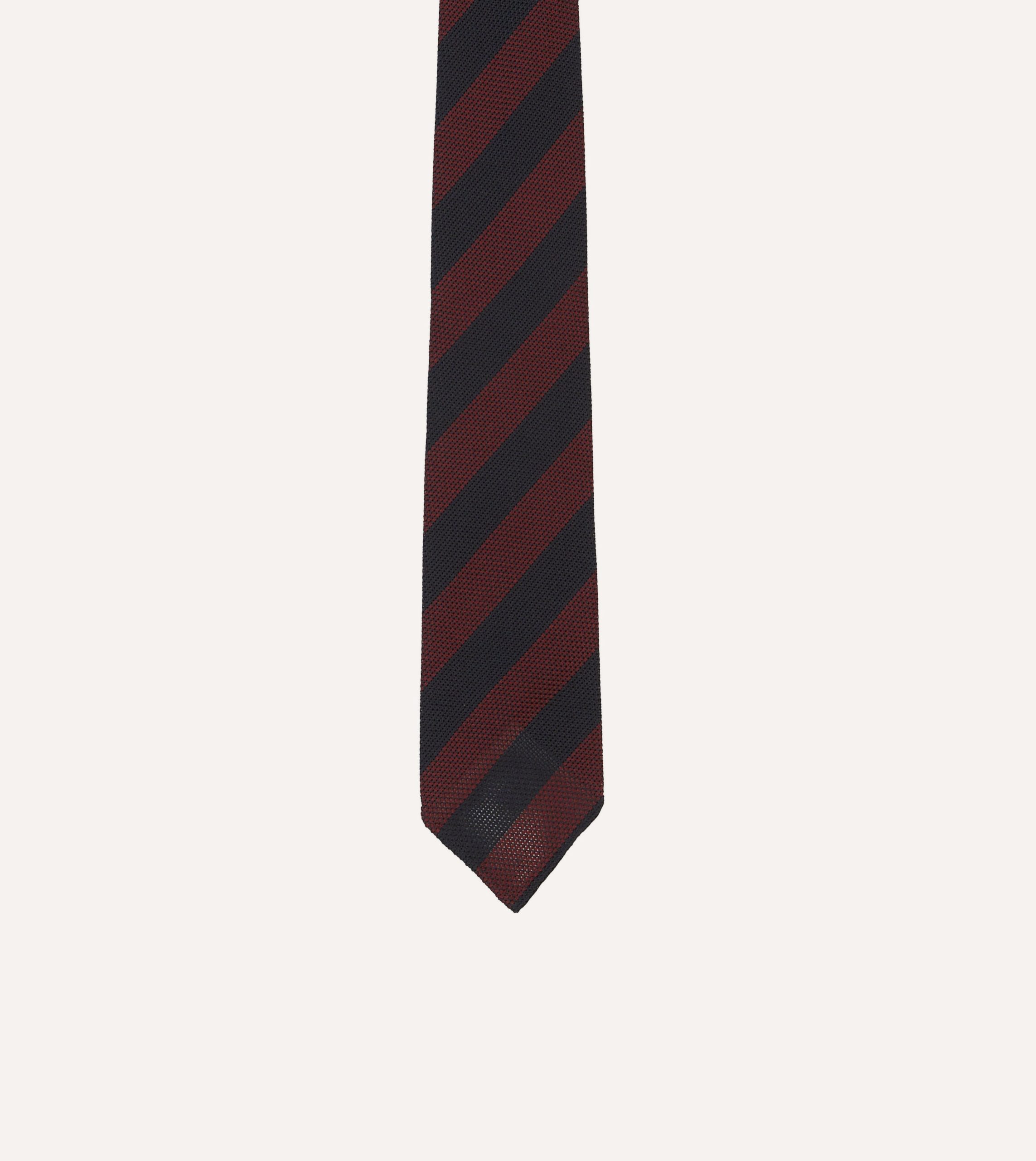 Red and Navy Block Stripe Hand Rolled Silk Grenadine Tie - Image 3