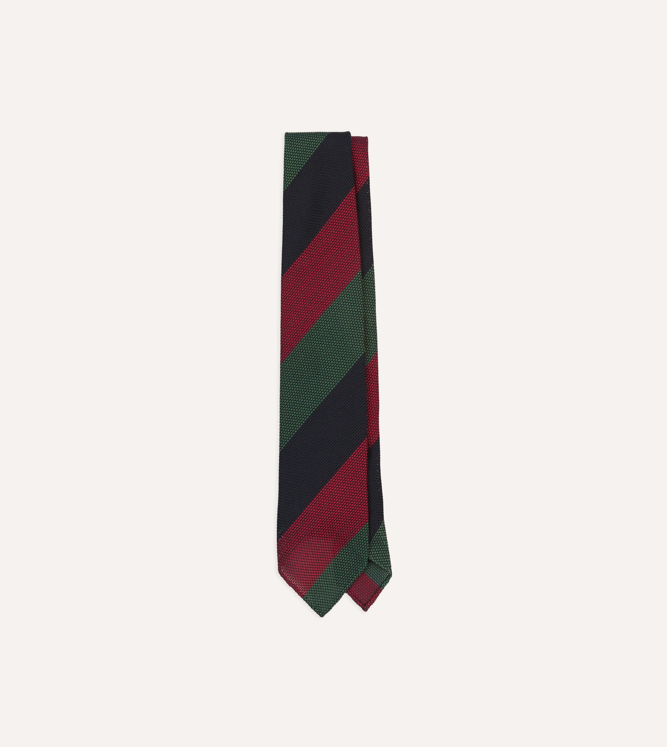 Green. Red and Navy Wide Stripe Hand Rolled Silk Grenadine Tie