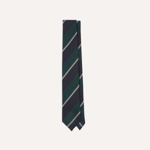 Navy. Green and White Multi Stripe Hand Rolled Silk Grenadine Tie
