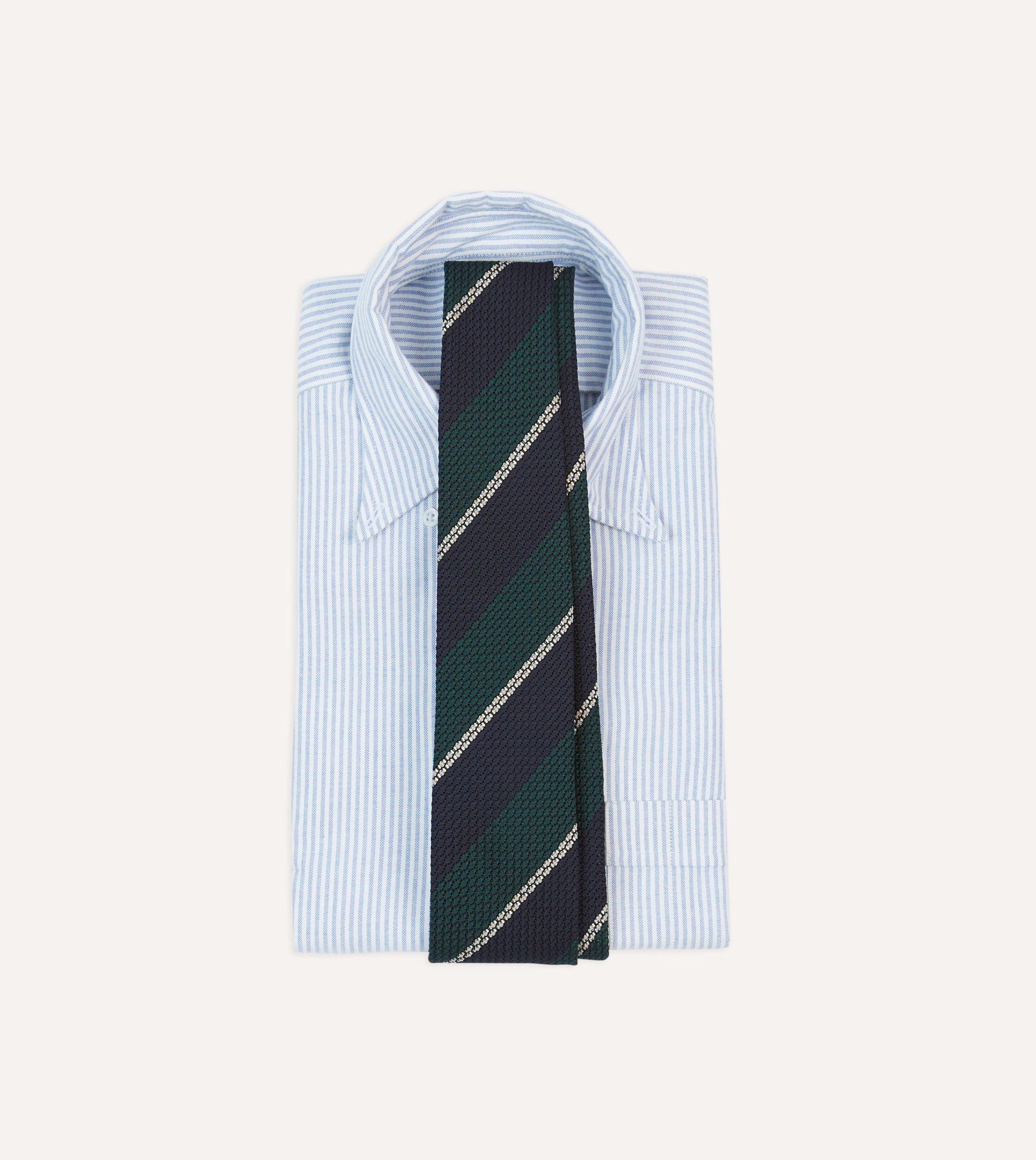 Navy. Green and White Multi Stripe Hand Rolled Silk Grenadine Tie - Image 2