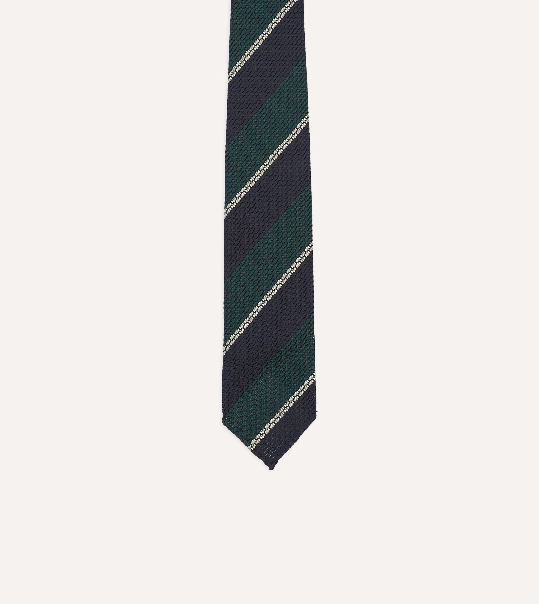 Navy. Green and White Multi Stripe Hand Rolled Silk Grenadine Tie - Image 3