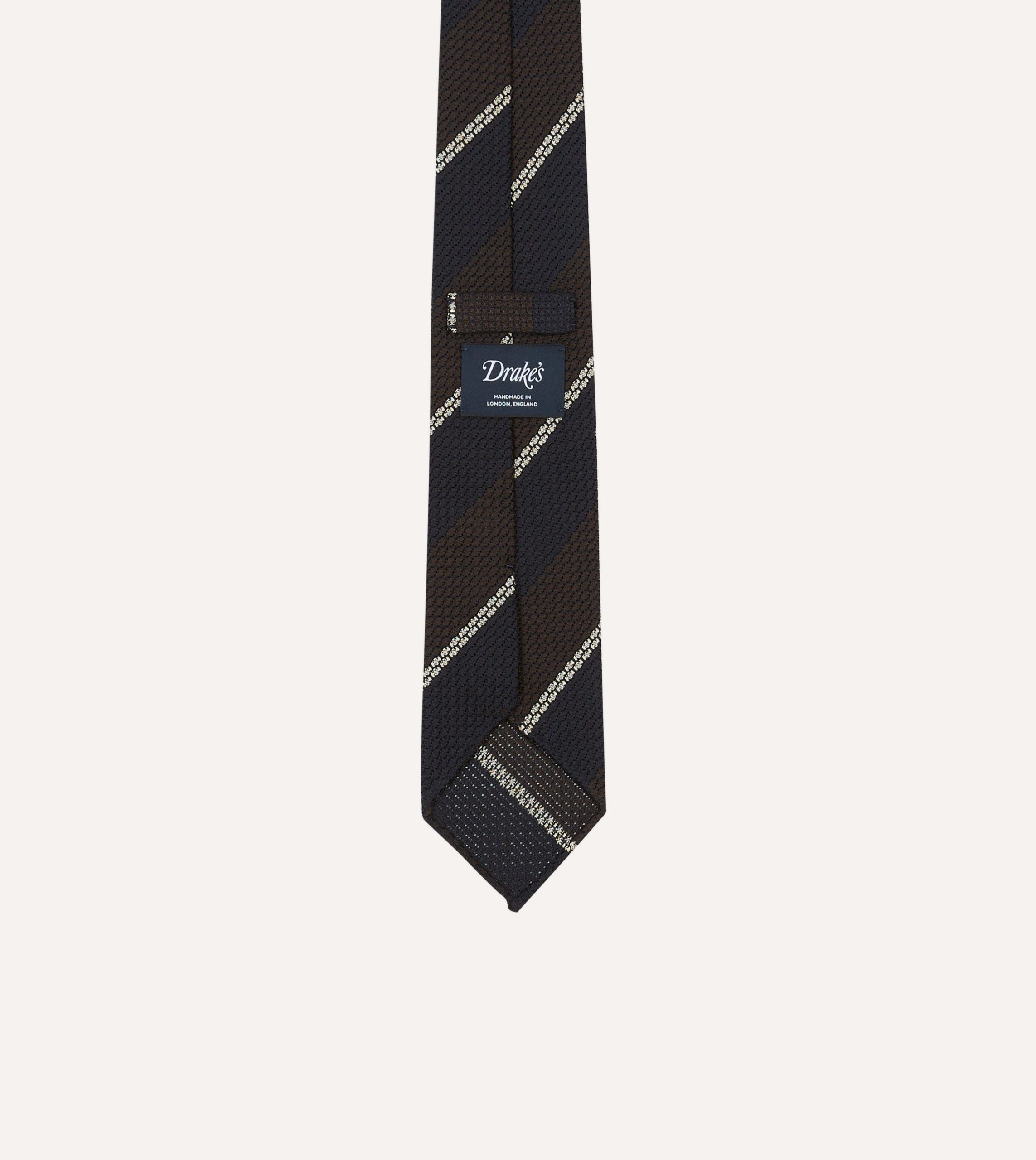 Navy. Brown and White Multi Stripe Hand Rolled Silk Grenadine Tie - Image 4