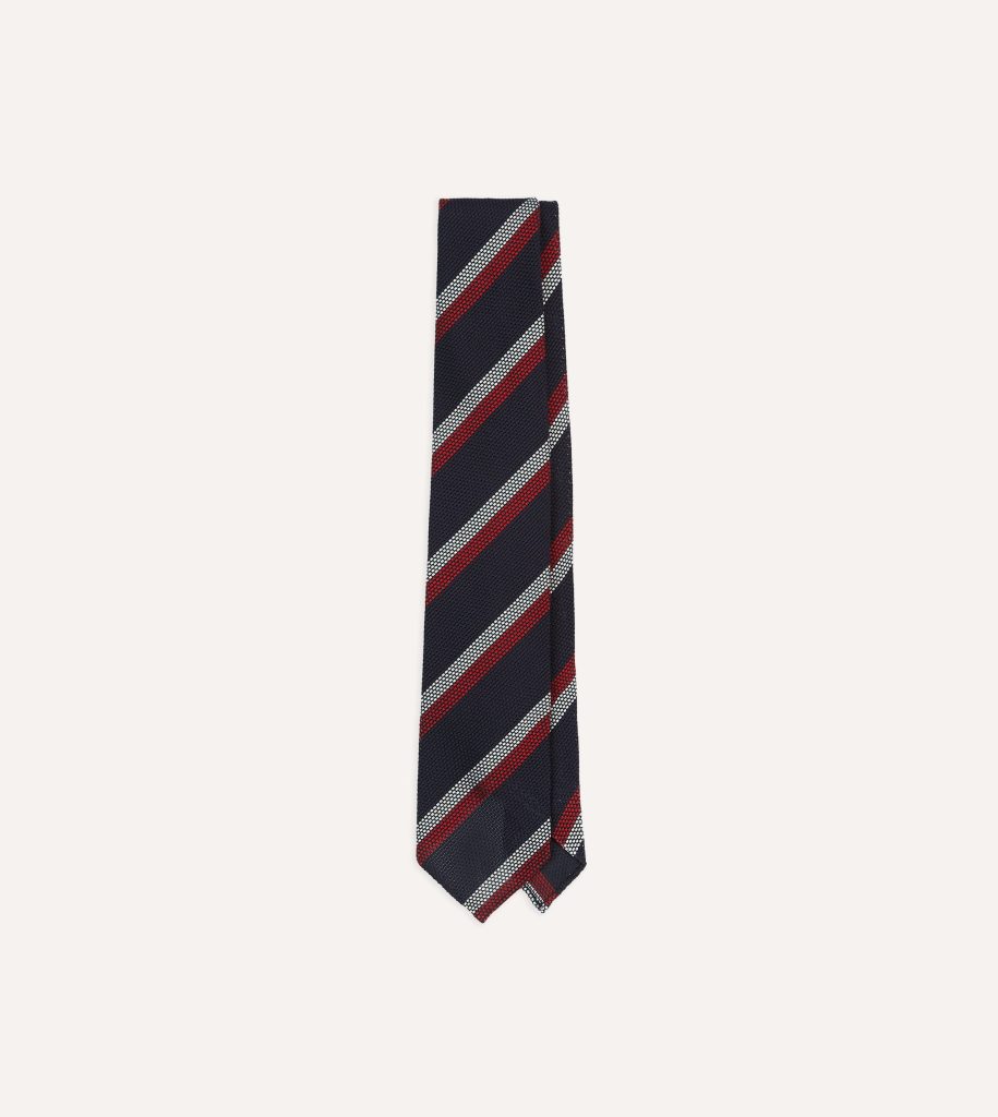 Navy. Red and White Double Stripe Hand Rolled Silk Grenadine Tie