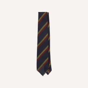 Navy. Red and Gold Double Stripe Hand Rolled Silk Grenadine Tie