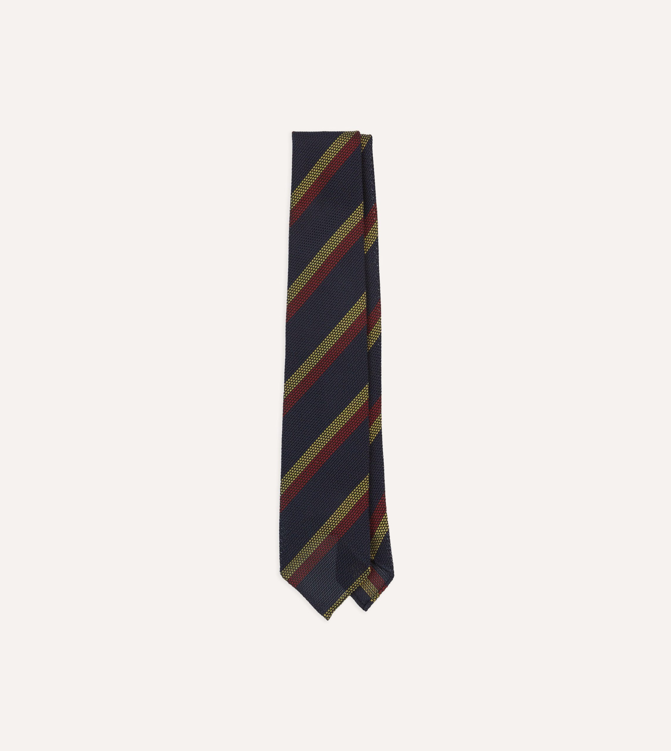 Navy. Red and Gold Double Stripe Hand Rolled Silk Grenadine Tie