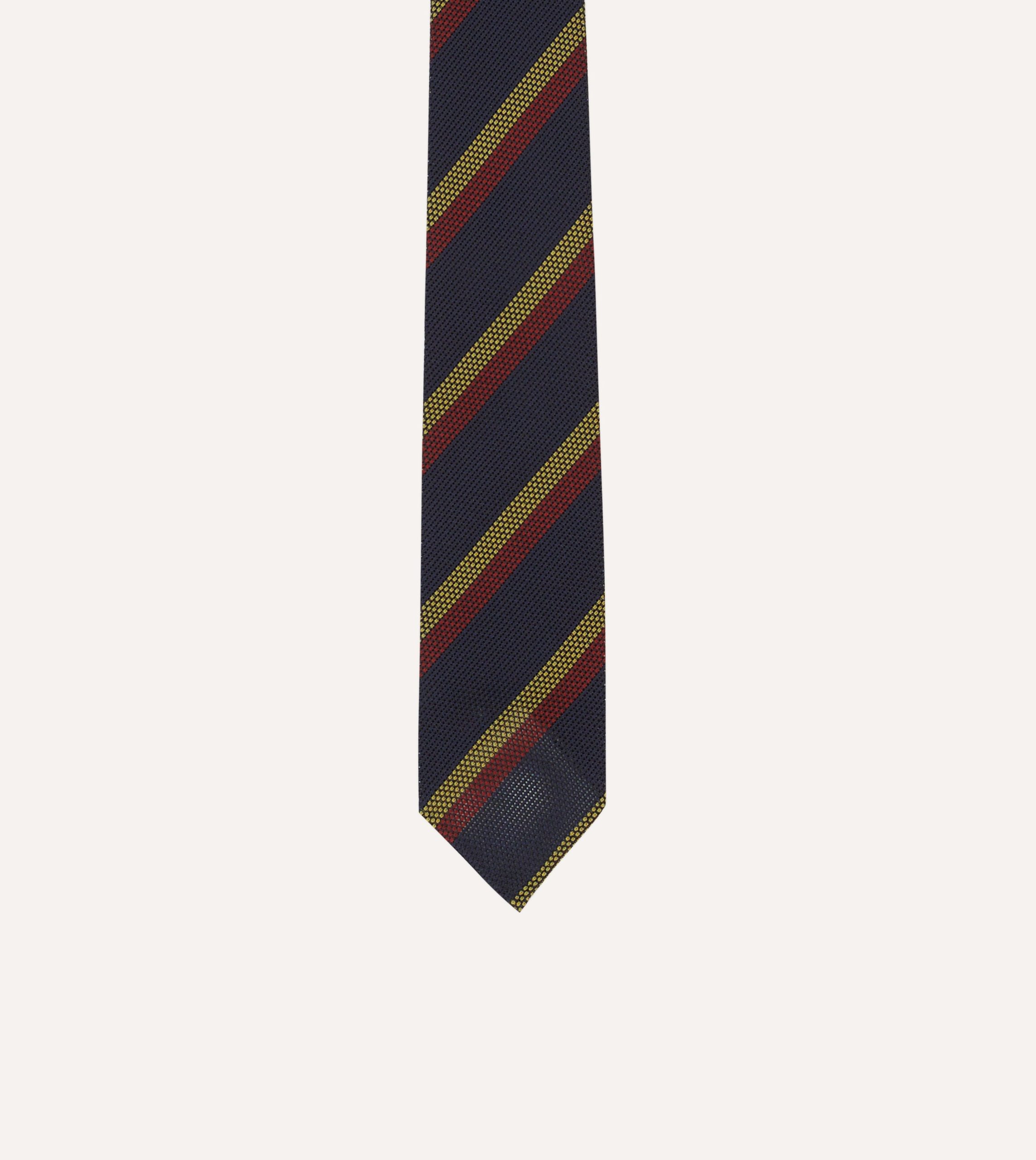 Navy. Red and Gold Double Stripe Hand Rolled Silk Grenadine Tie - Image 3