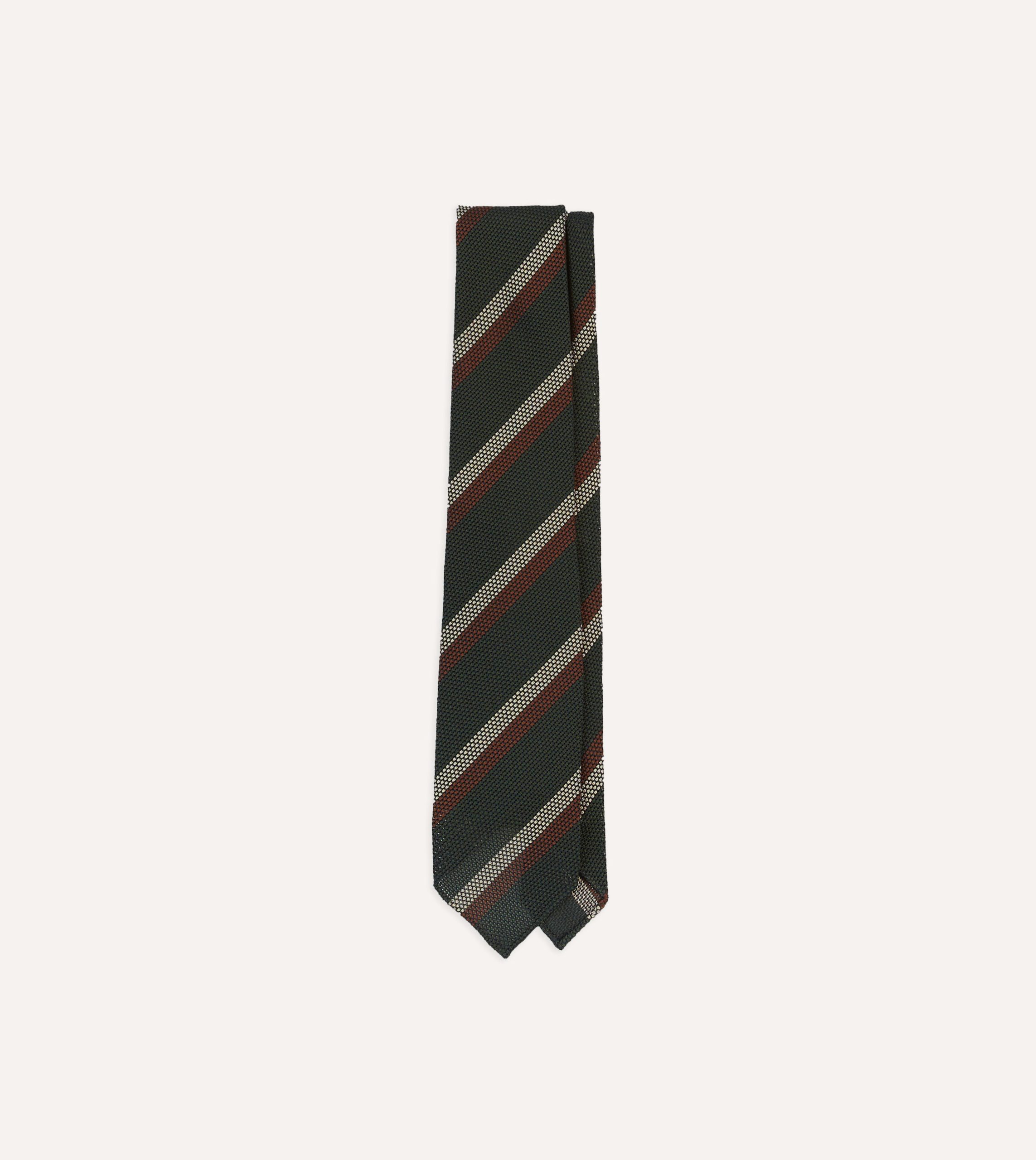 Green. White and Brown Double Stripe Hand Rolled Silk Grenadine Tie
