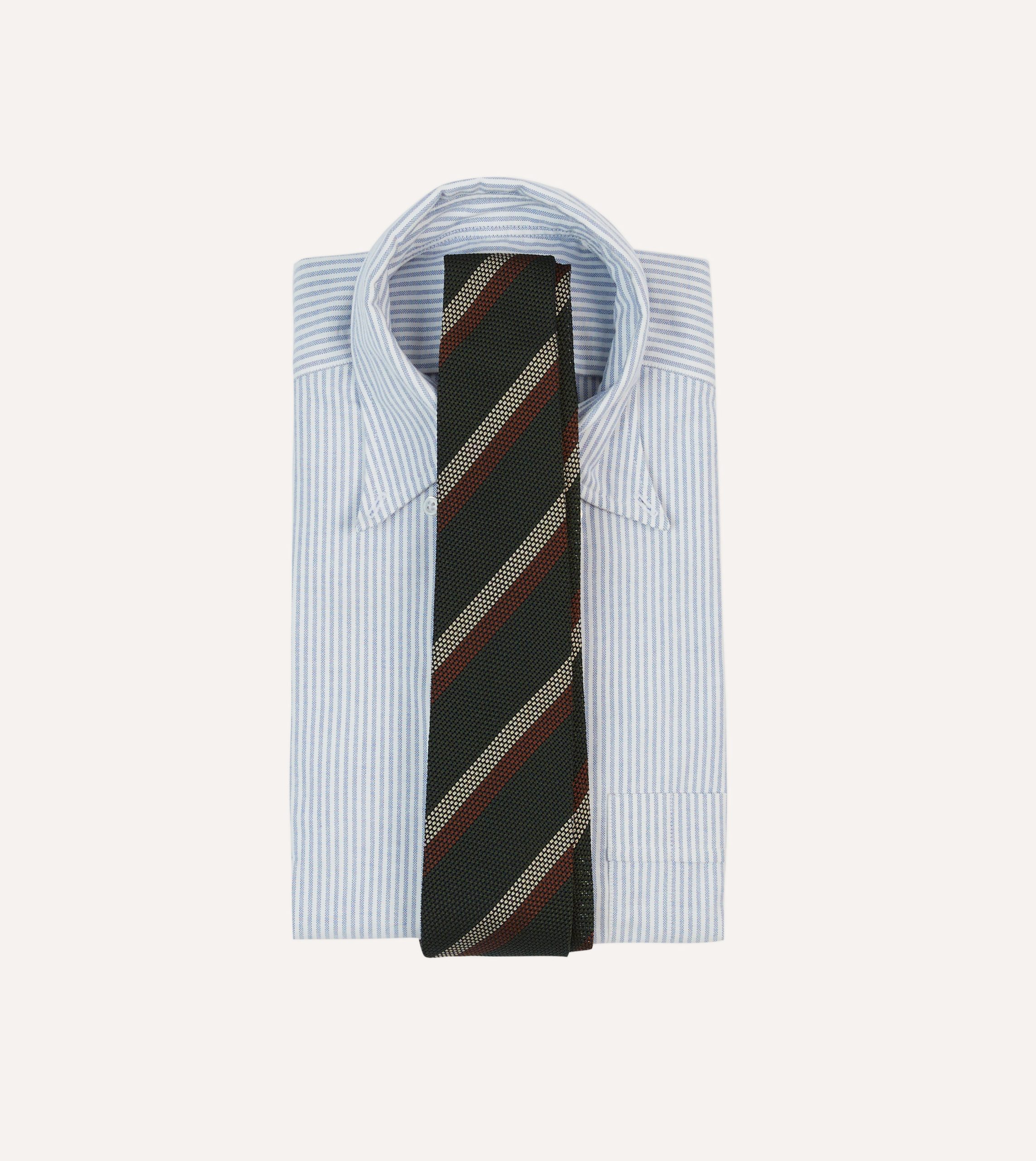 Green. White and Brown Double Stripe Hand Rolled Silk Grenadine Tie - Image 2