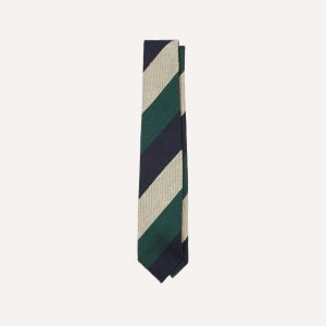 Navy. Green and Ecru Block Stripe Shantung Silk Tie