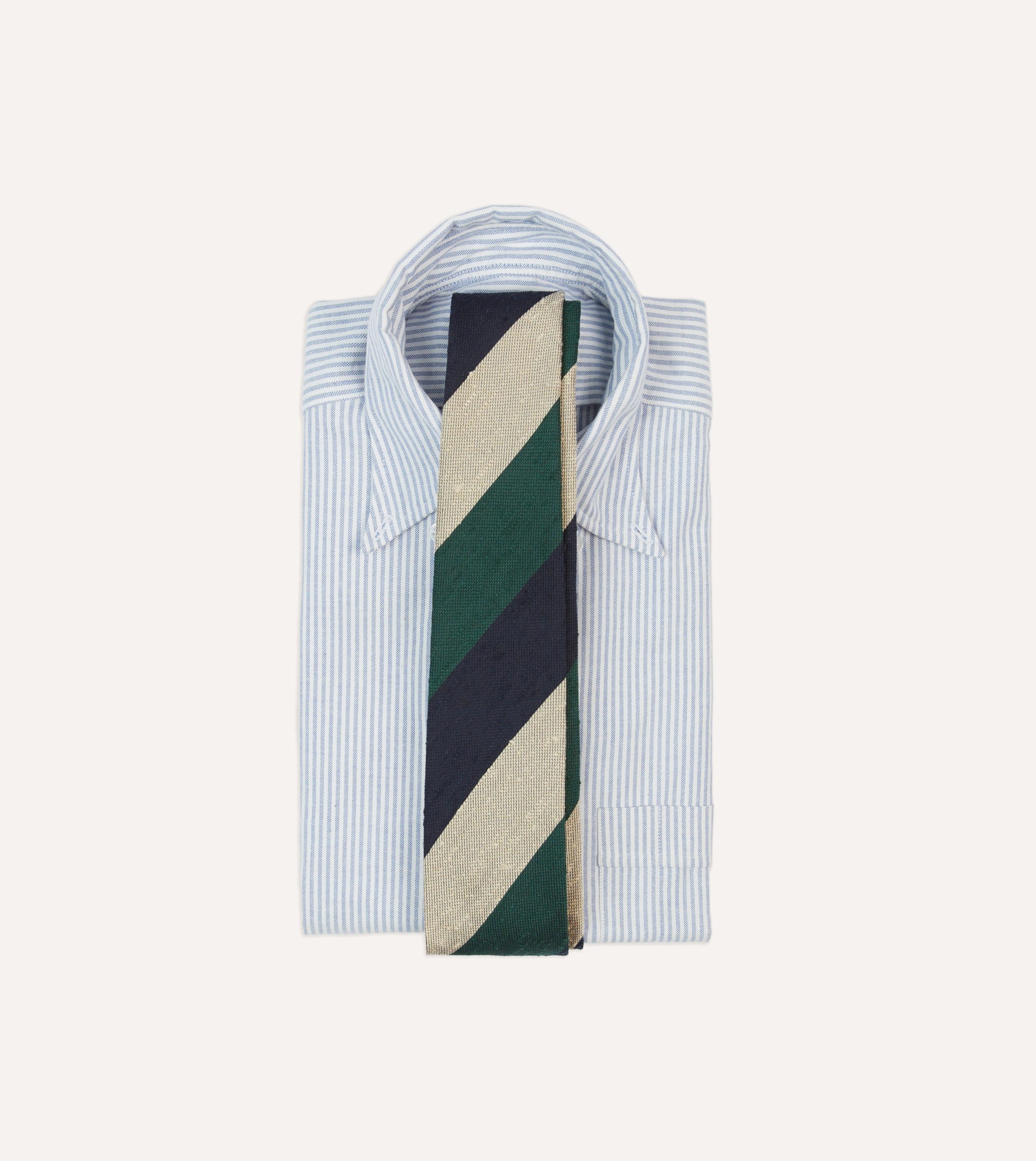 Navy. Green and Ecru Block Stripe Shantung Silk Tie - Image 2