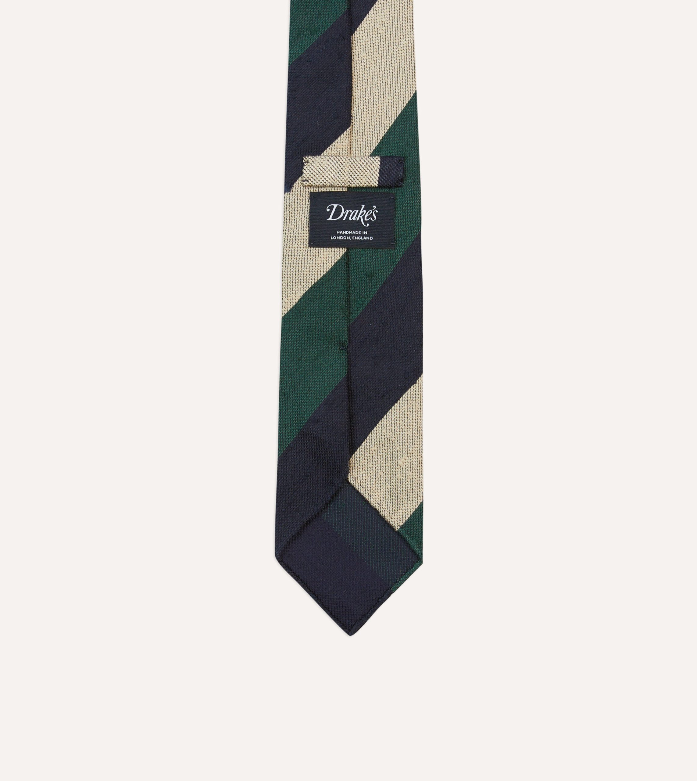 Navy. Green and Ecru Block Stripe Shantung Silk Tie - Image 4