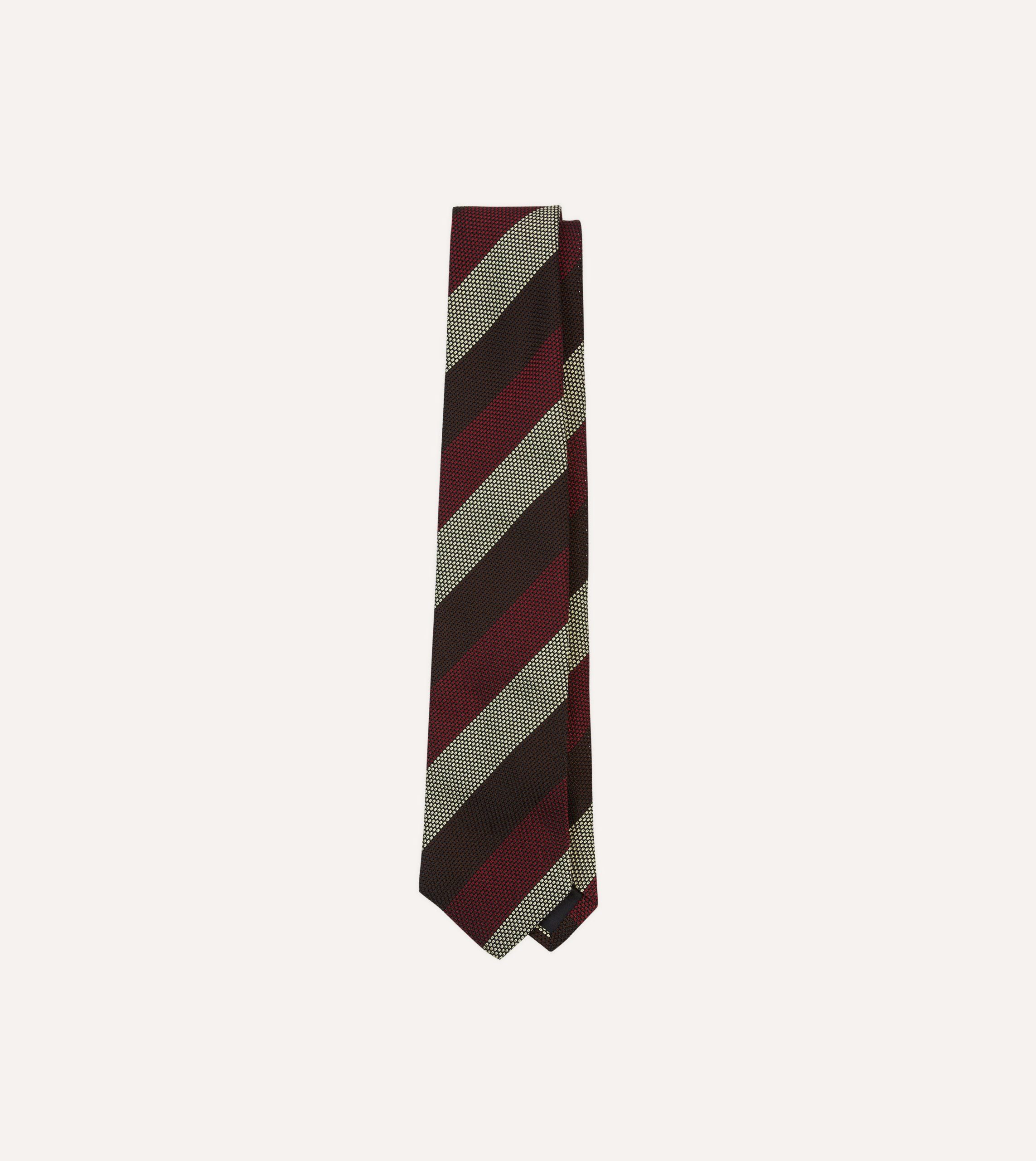 Brown. Red and Ecru Block Stripe Hand Rolled Silk Grenadine Tie