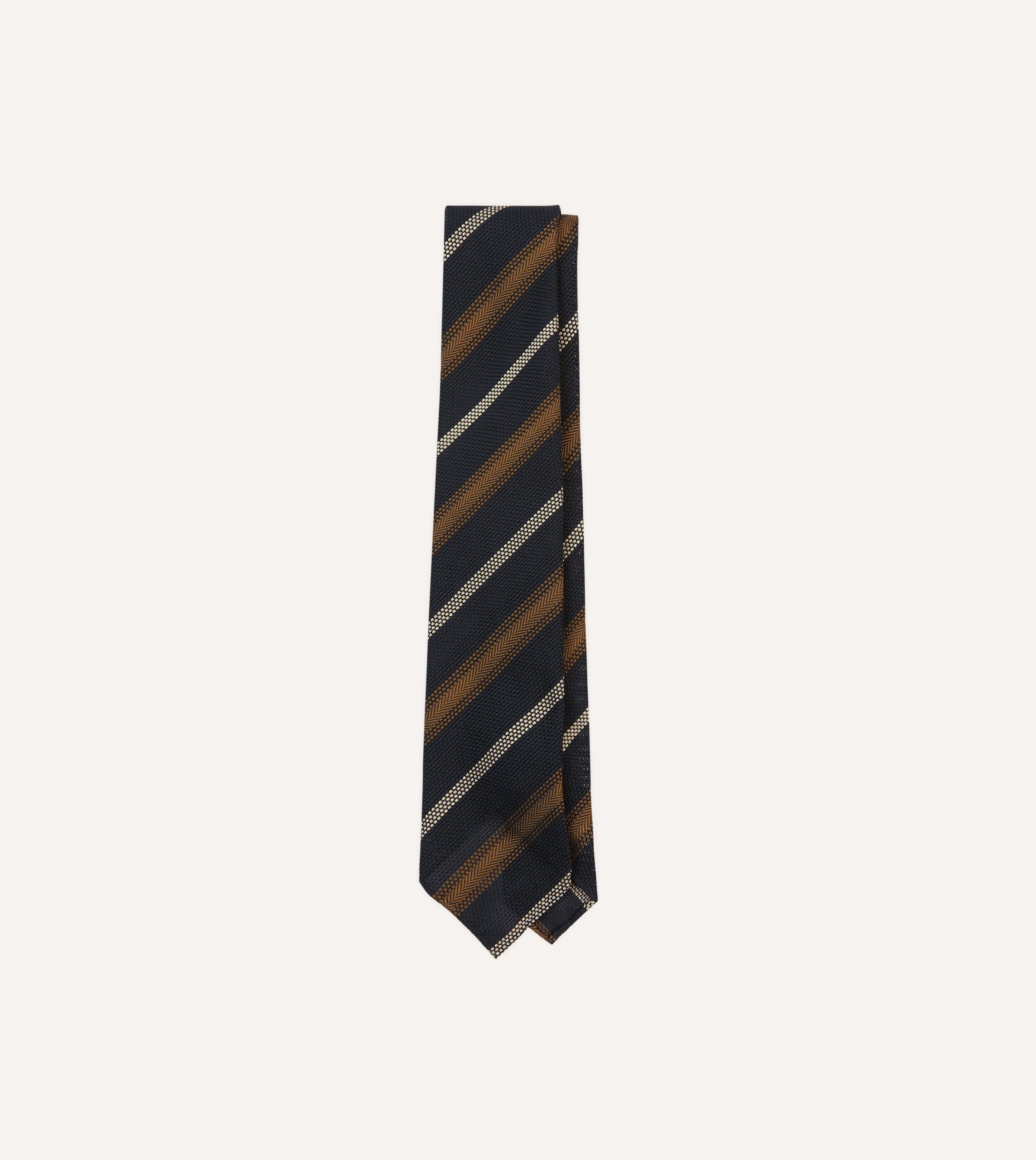 Navy. Gold and Ecru Stripe Hand Rolled Silk Grenadine Tie