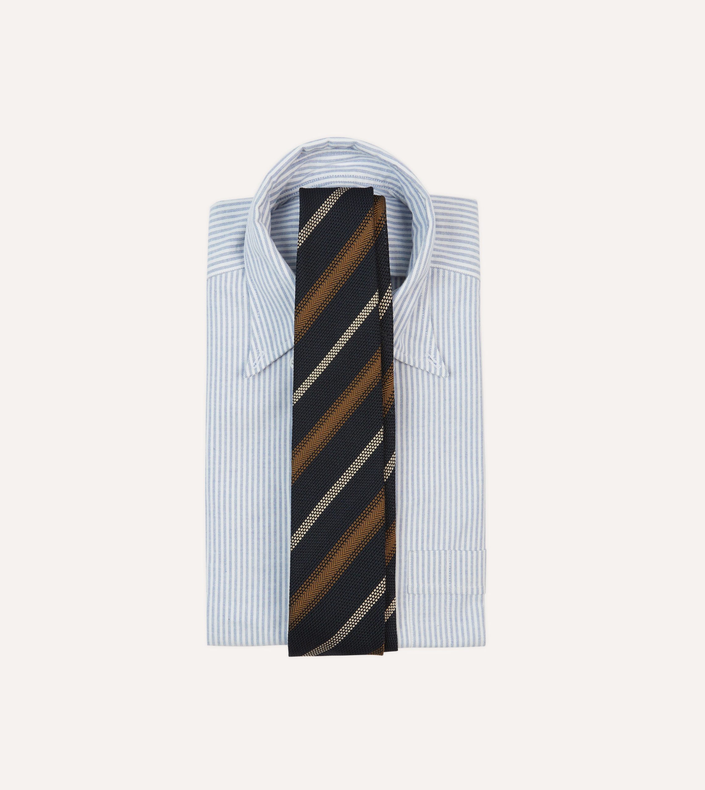 Navy. Gold and Ecru Stripe Hand Rolled Silk Grenadine Tie - Image 2