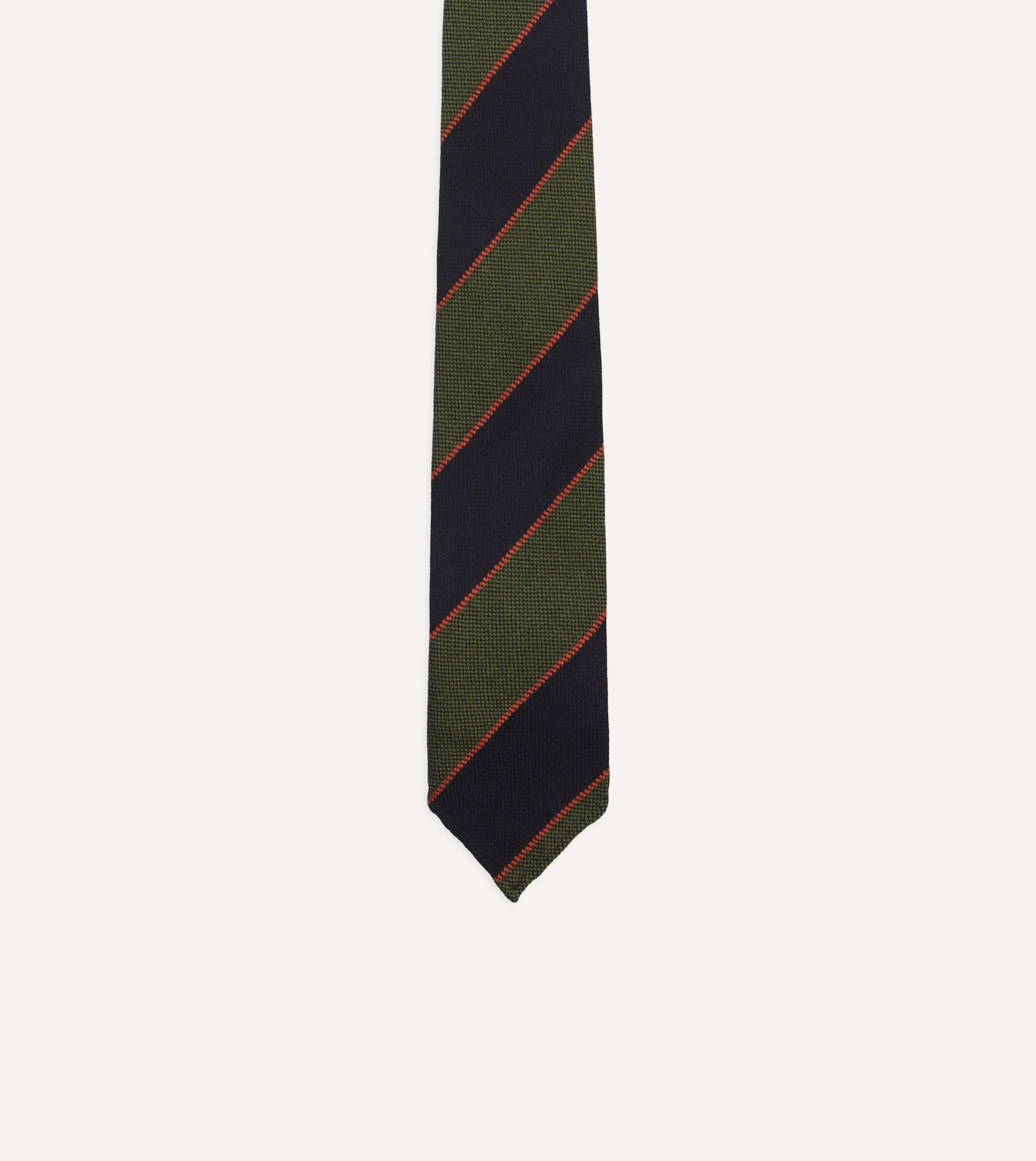 Green. Red and Navy Line Stripe Hand Rolled Wool Tie - Image 3