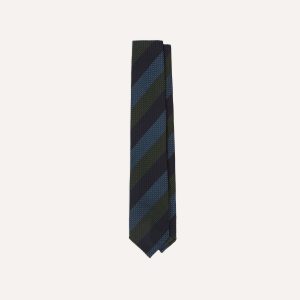 Navy. Green and Blue Block Stripe Hand Rolled Silk Grenadine Tie