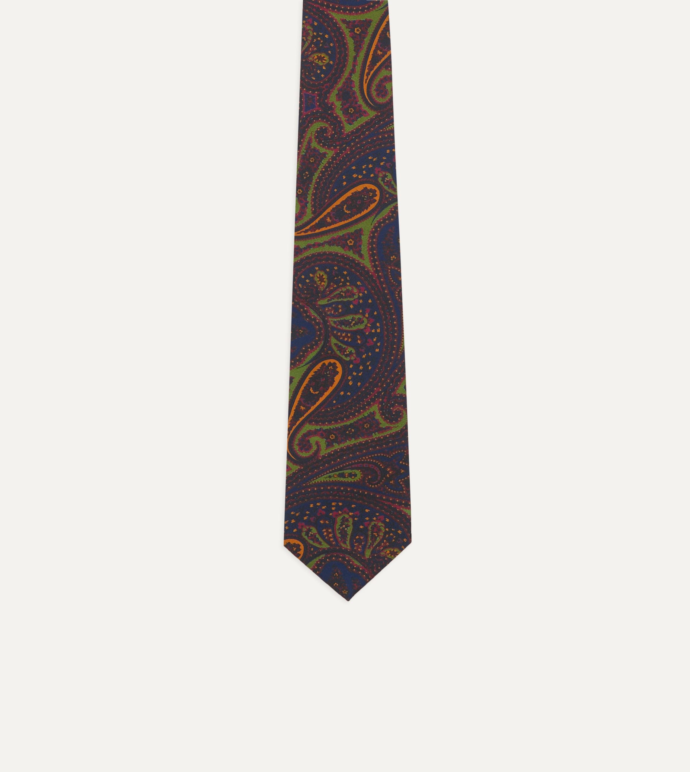 Navy and Green Large Paisley Print Madder Silk Self Tipped Tie - Image 4