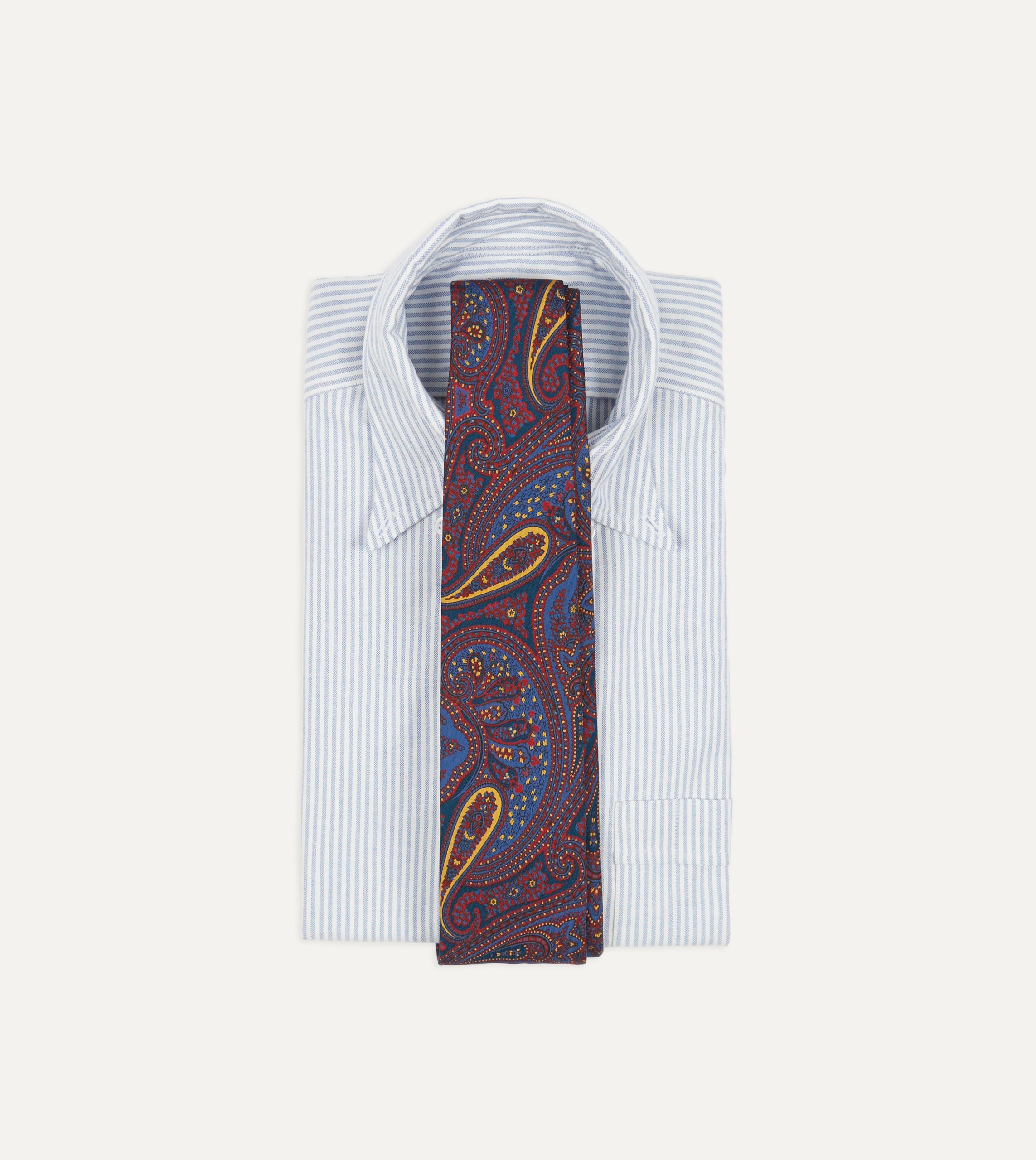 Red and Blue Large Paisley Print Madder Silk Self Tipped Tie - Image 2