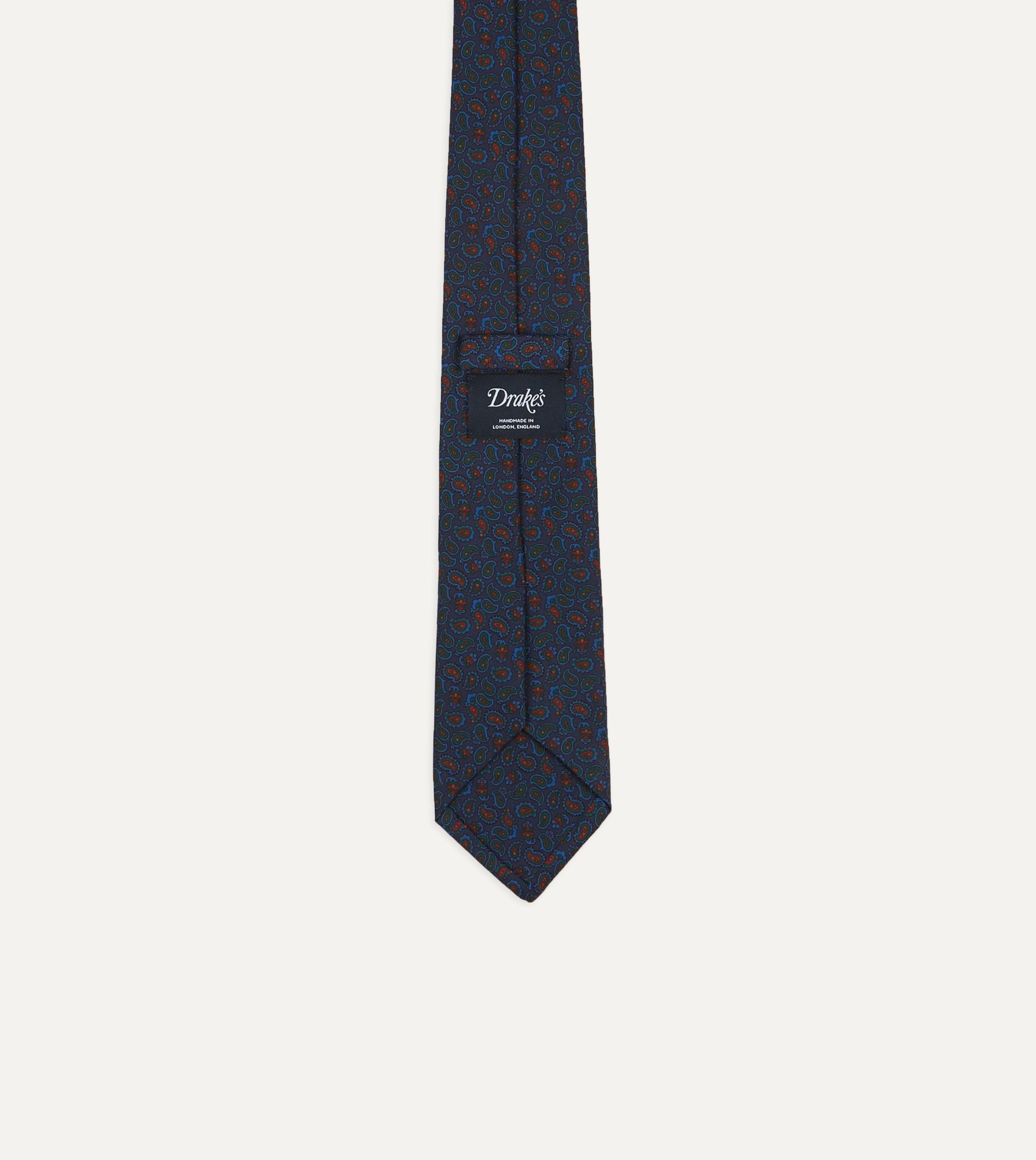 Navy and Red Paisley Print Silk Twill Self Tipped Tie - Image 3