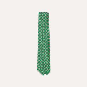 Green Small Paisley Leaf Print Silk Self Tipped Tie