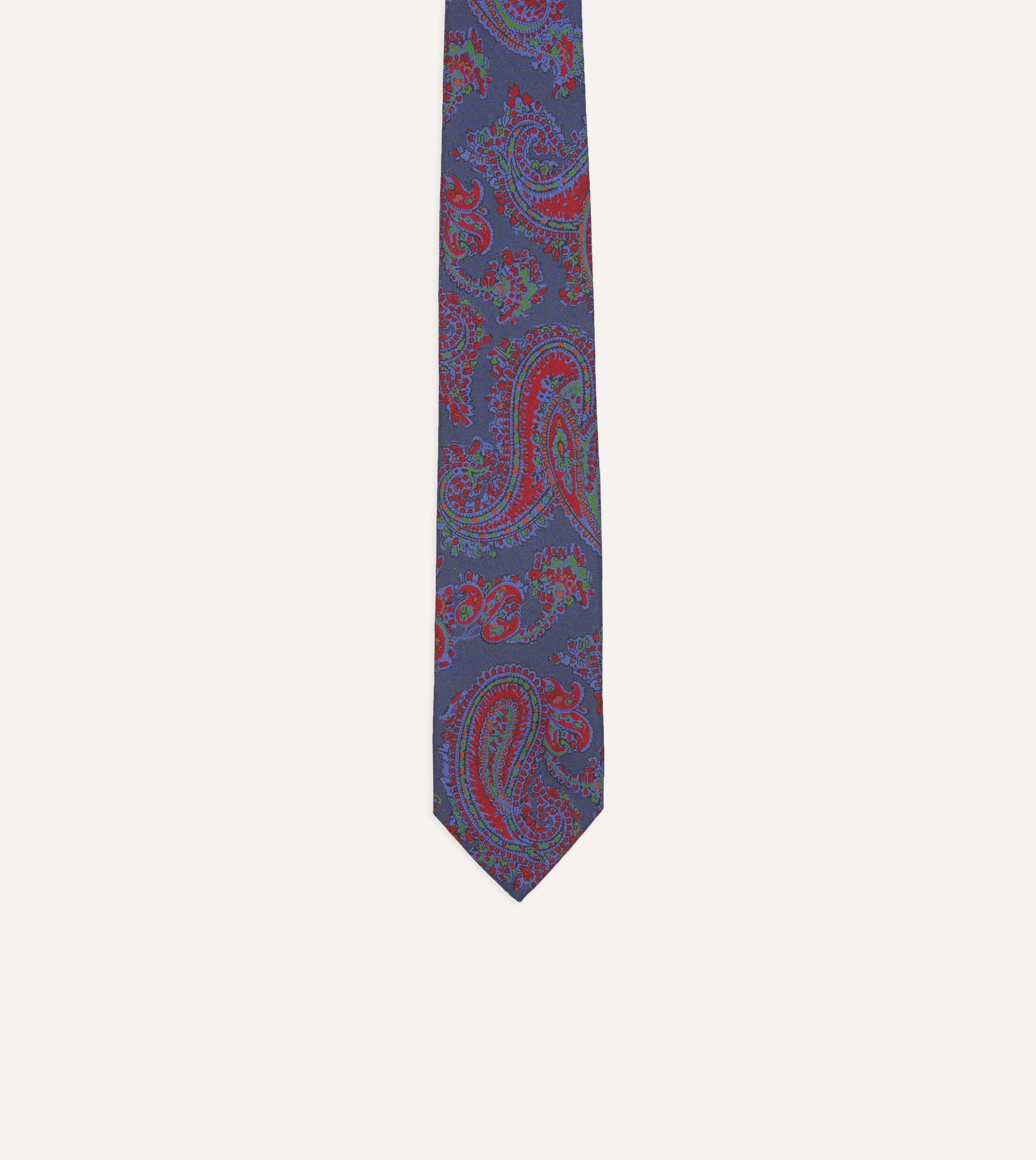 Navy Paisley Print Silk Self Tipped Tie - Image 3