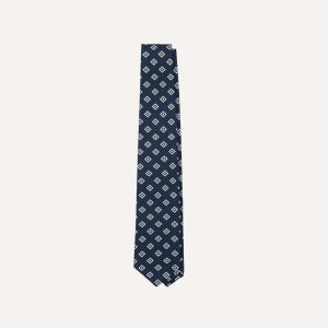 Navy Medallion Crepe de Chine Silk Self-Tipped Tie