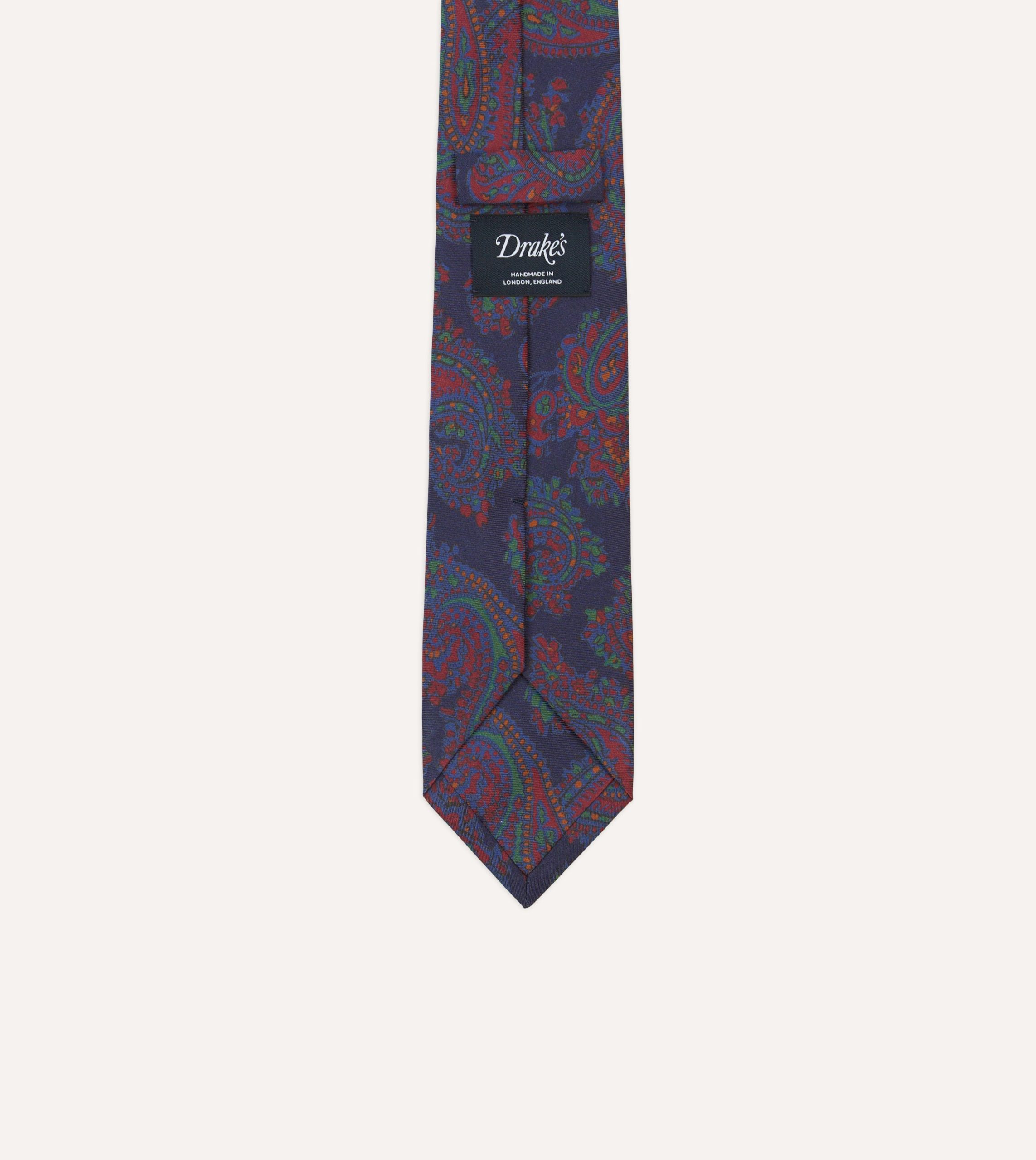 Navy Large Paisley Print Madder Silk Self-Tipped Tie - Image 4