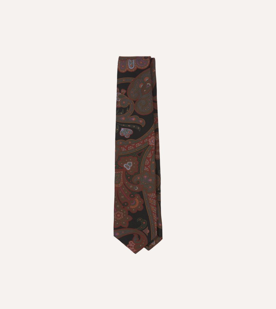 Black Large Paisley Print Madder Silk Self-Tipped Tie