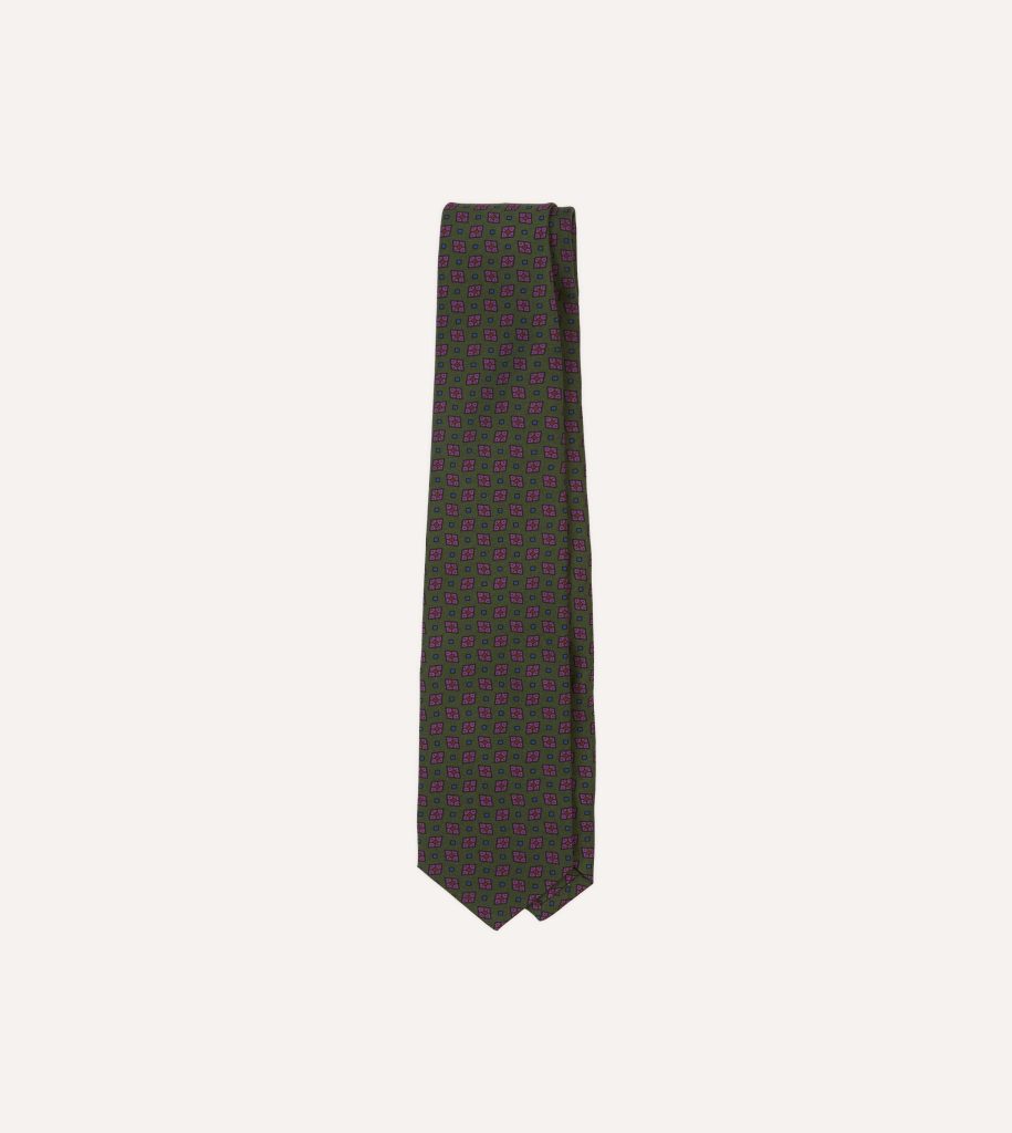Green Medallion Print Silk Twill Self Tipped Tie