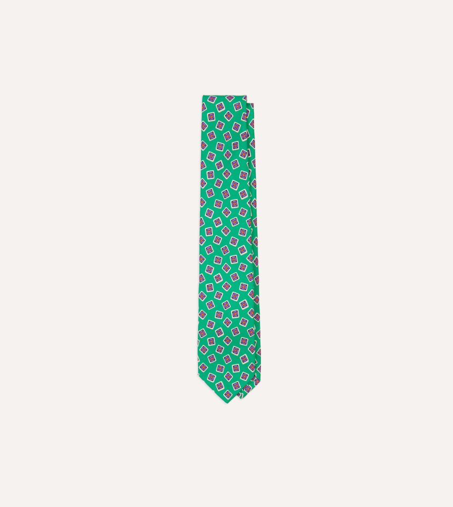 Green Jumbled Tile Print Silk Self Tipped Tie