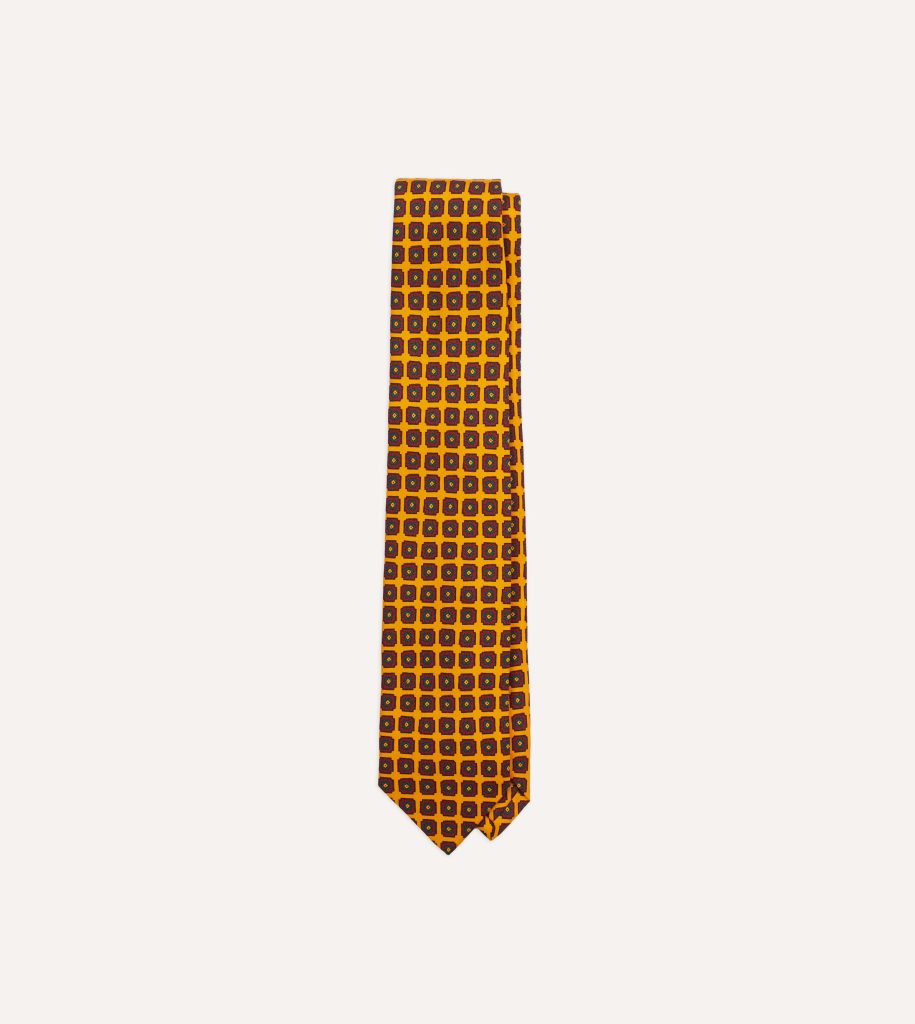 Yellow Geometric Flower Print Silk Self-Tipped Tie