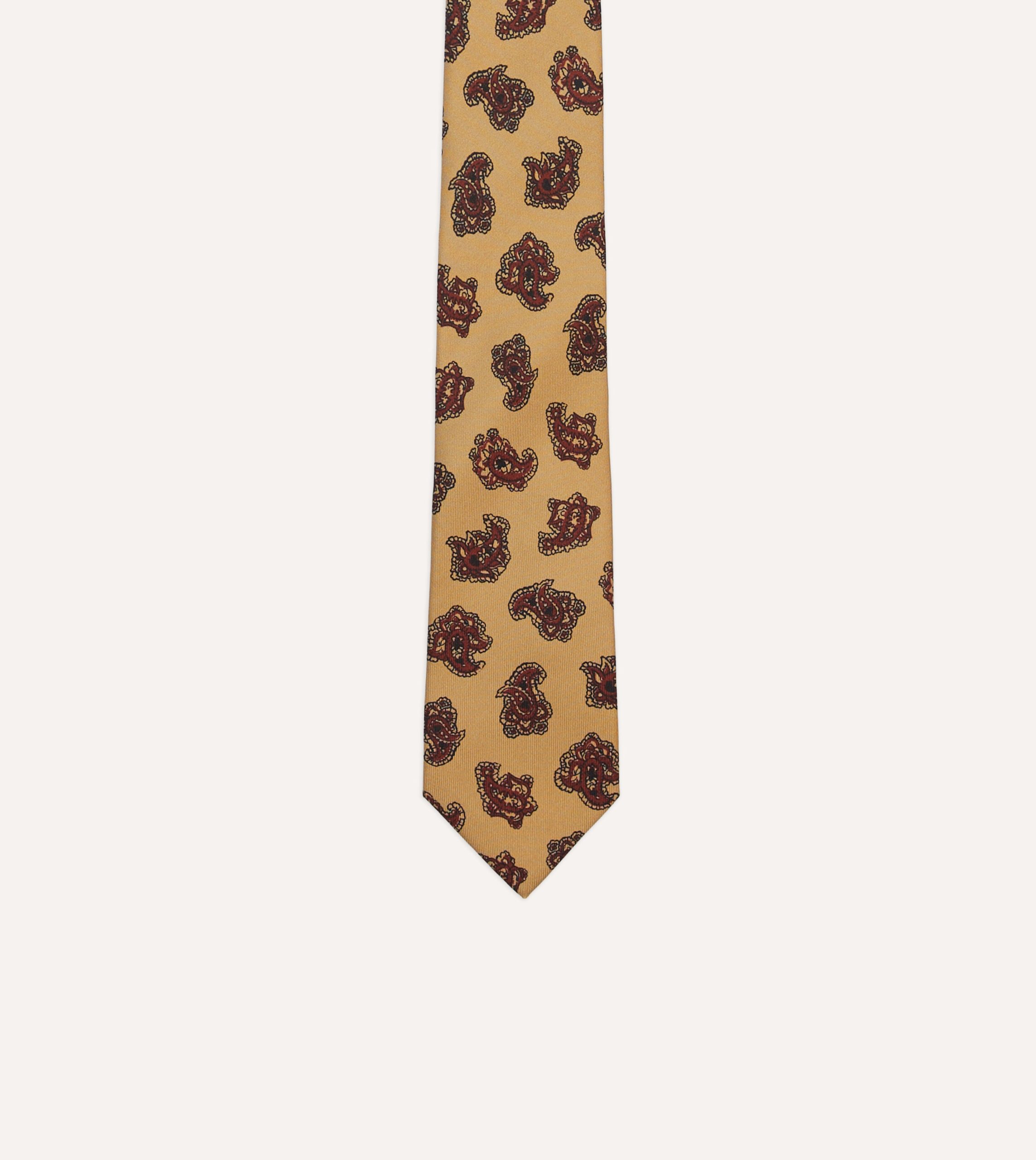 Gold and Red Paisley Motif Print Silk Self Tipped Tie - Image 3