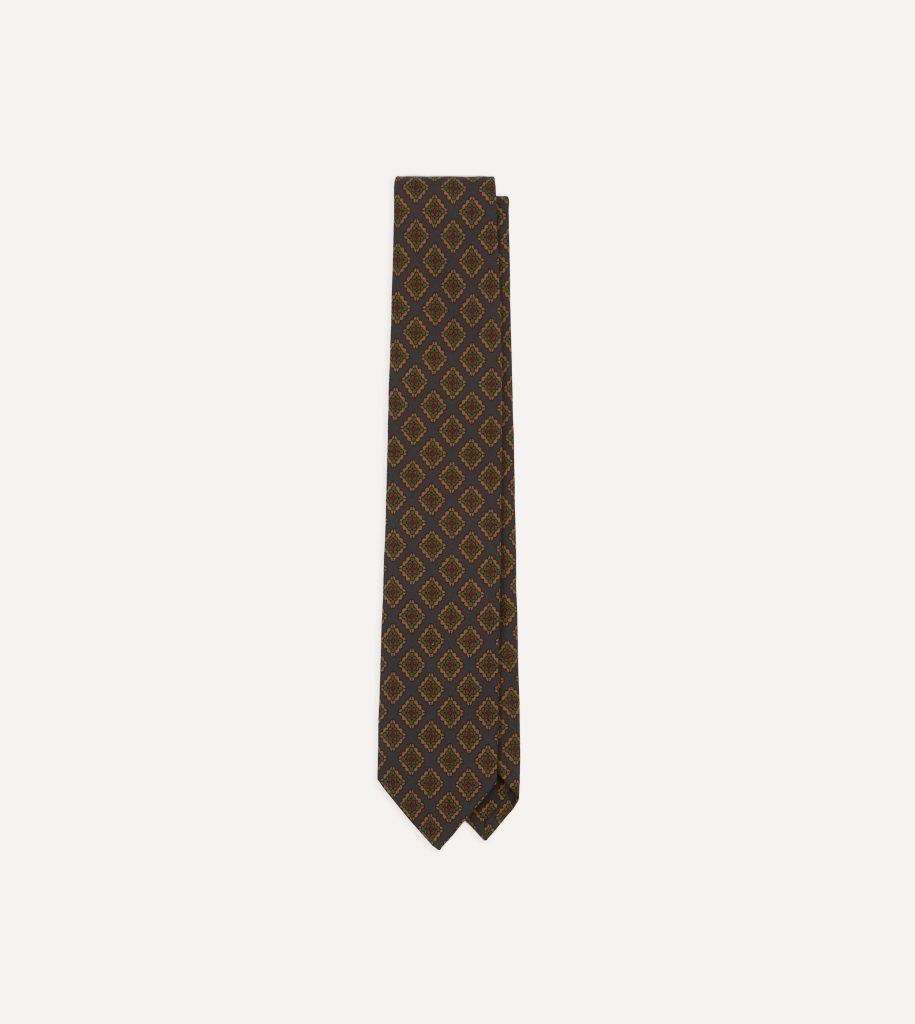 Navy Square Flower Medallion Print Wool-Silk Self Tipped Tie
