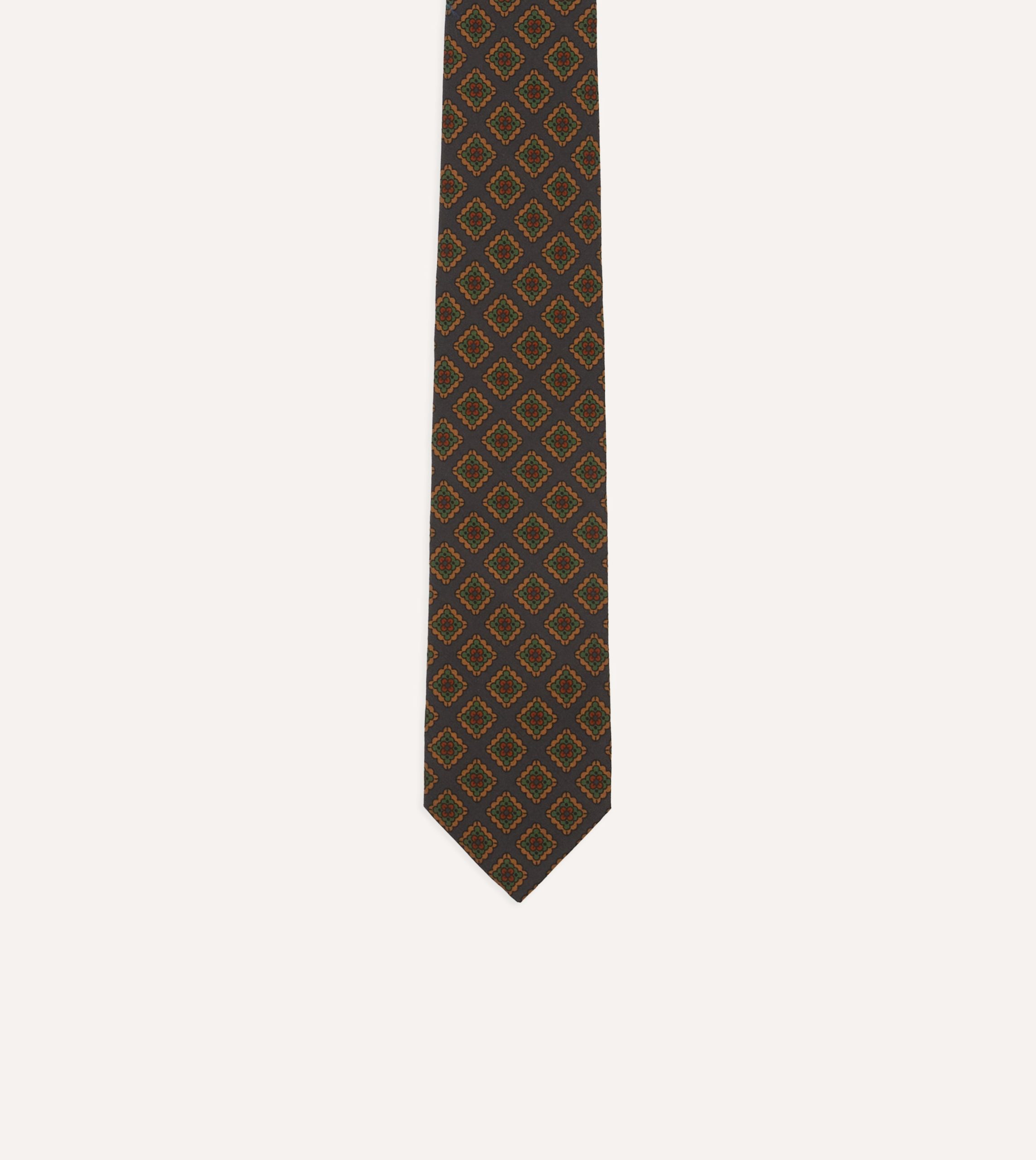 Navy Square Flower Medallion Print Wool-Silk Self Tipped Tie - Image 3