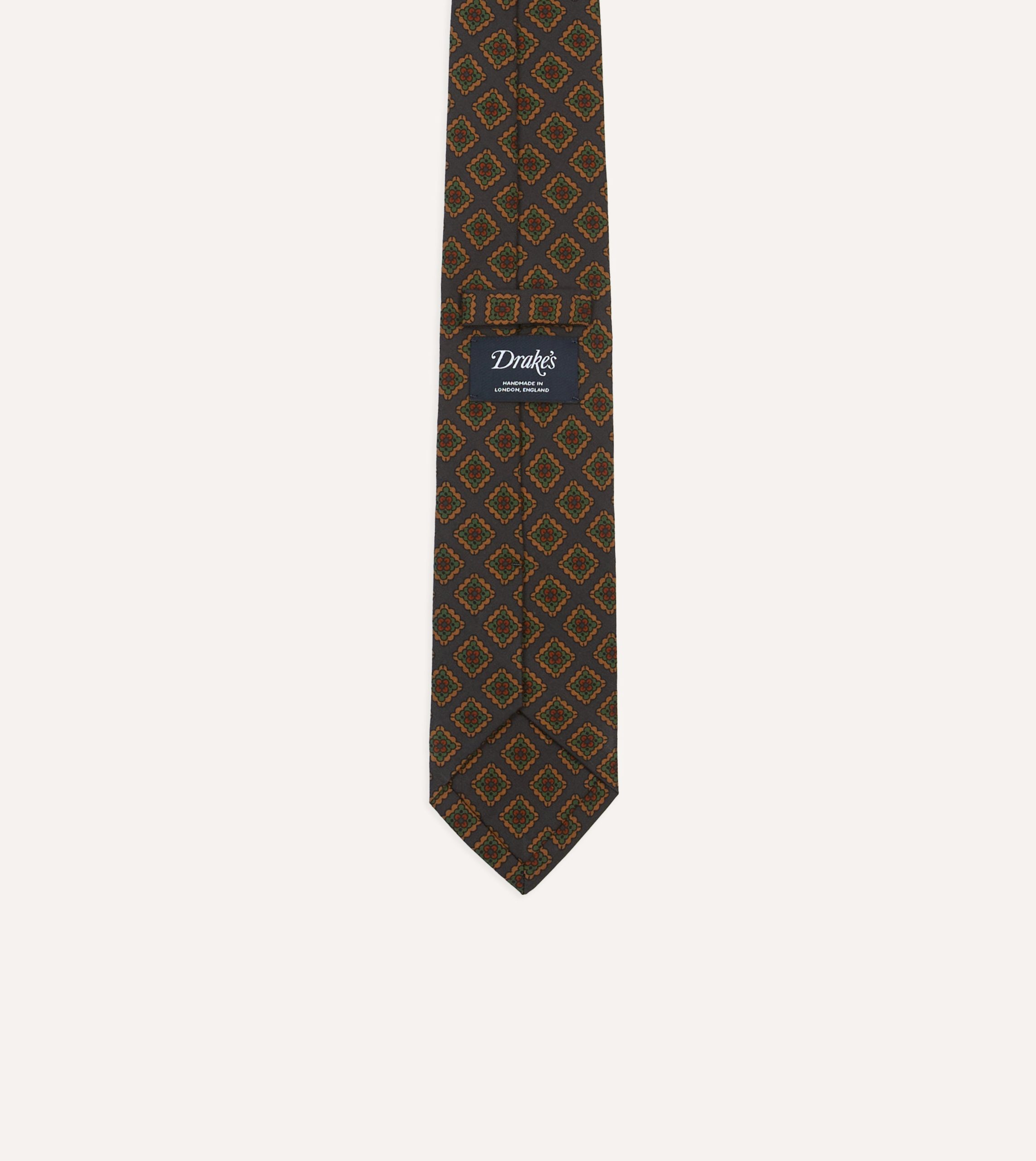 Navy Square Flower Medallion Print Wool-Silk Self Tipped Tie - Image 4