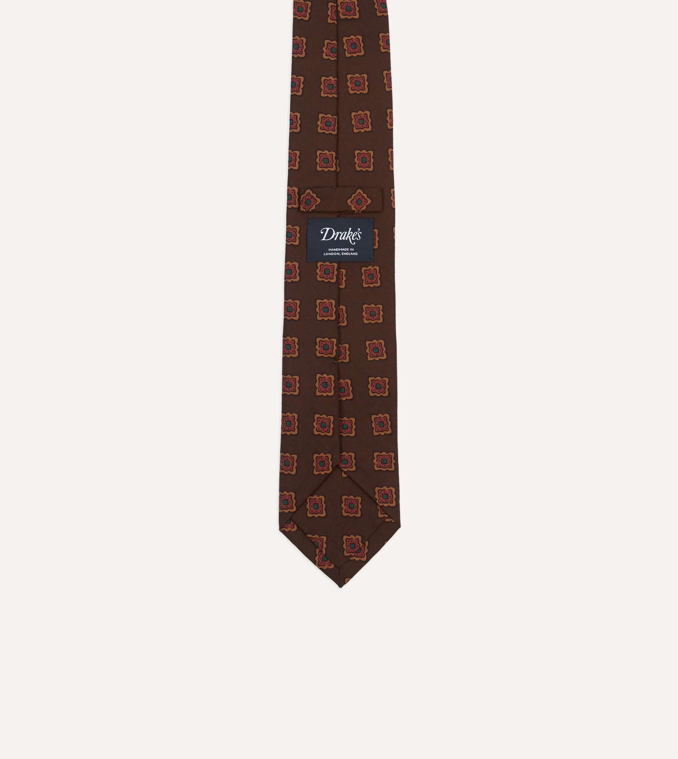 Brown Square Flower Medallion Print Wool-Silk Self Tipped Tie - Image 4