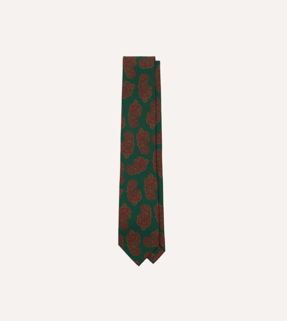 Green Paisley Motif Print Wool-Silk Self Tipped Tie