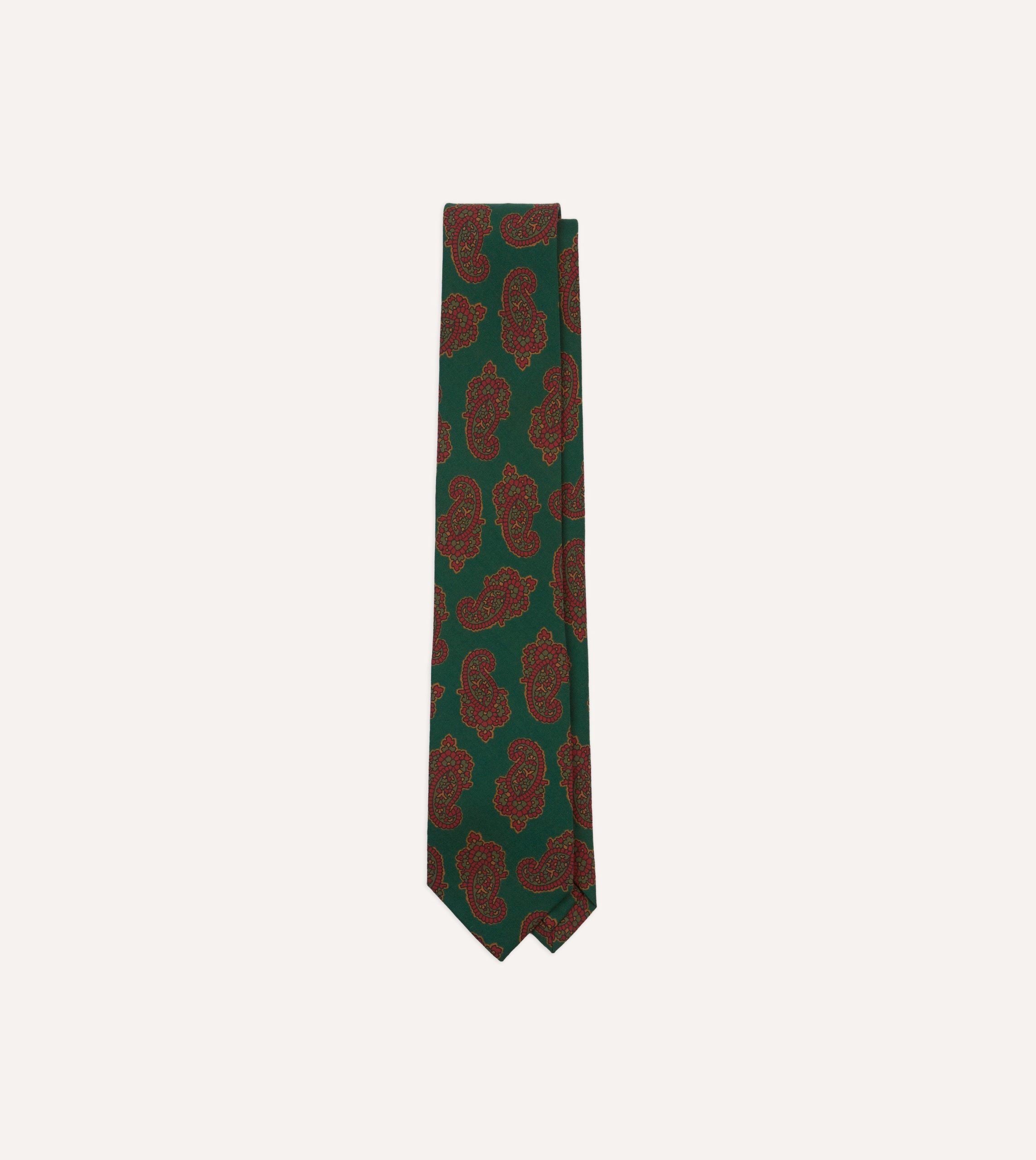 Green Paisley Motif Print Wool-Silk Self Tipped Tie