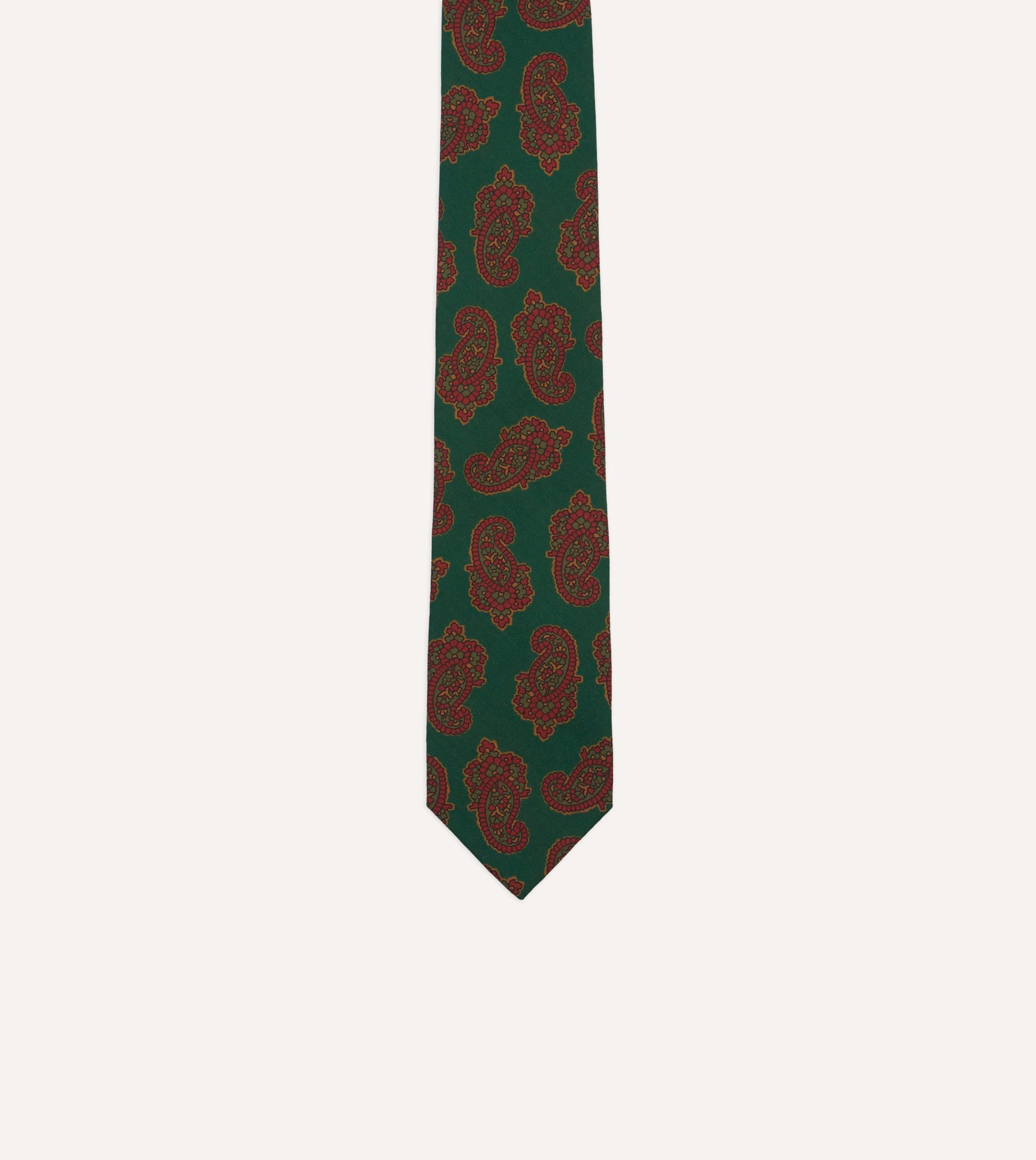 Green Paisley Motif Print Wool-Silk Self Tipped Tie - Image 3