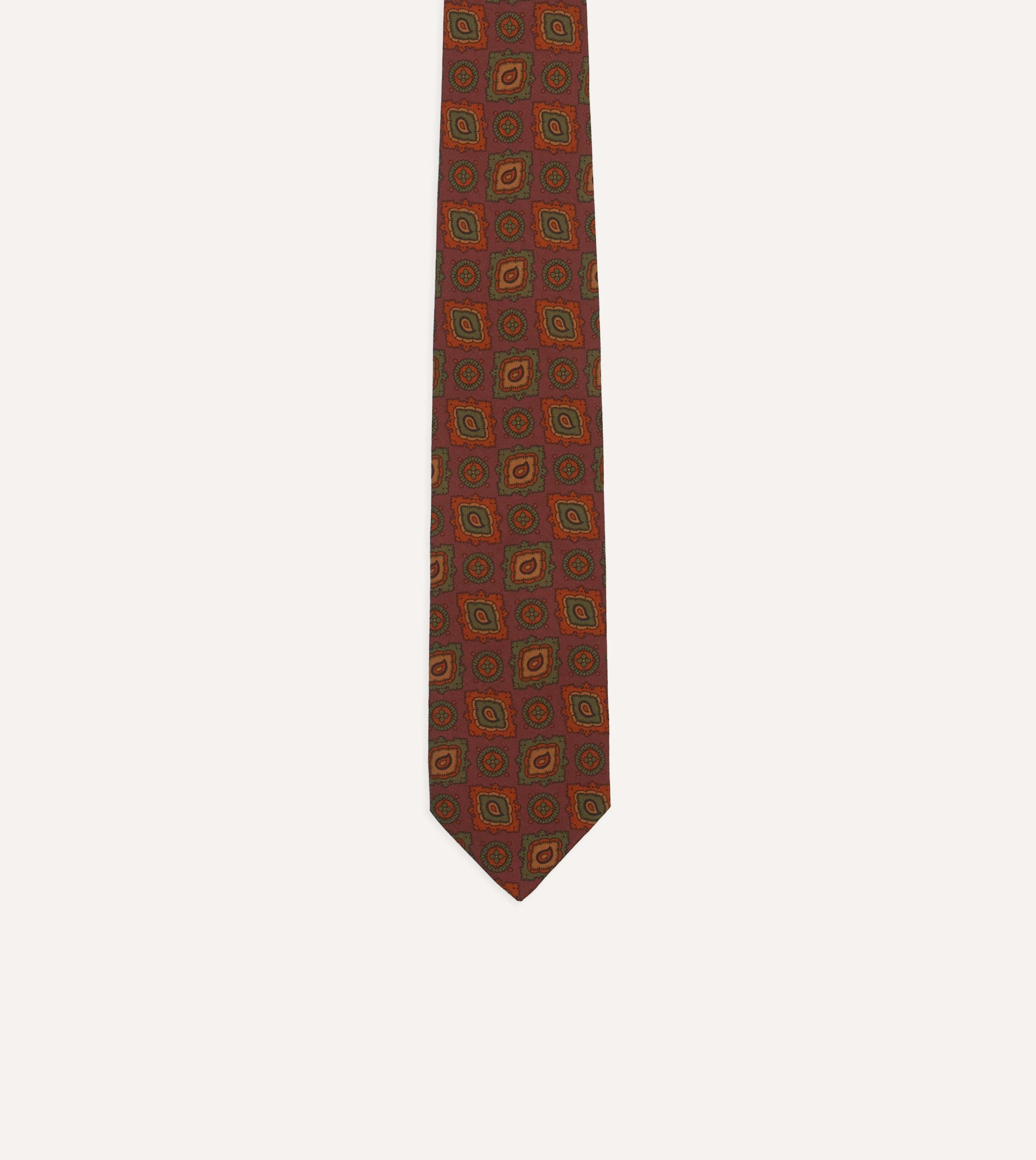 Burgundy Paisley Medallion Print Wool-Silk Self Tipped Tie - Image 3