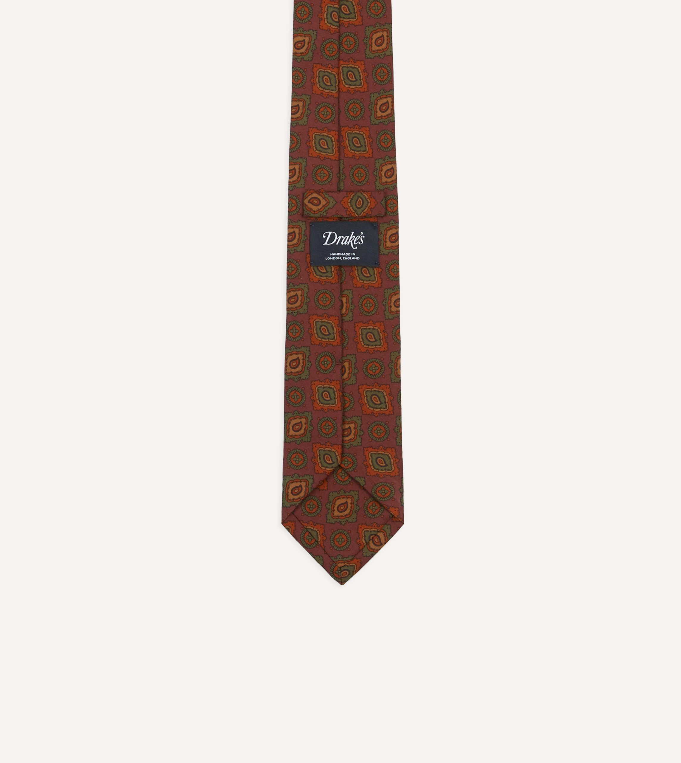 Burgundy Paisley Medallion Print Wool-Silk Self Tipped Tie - Image 4