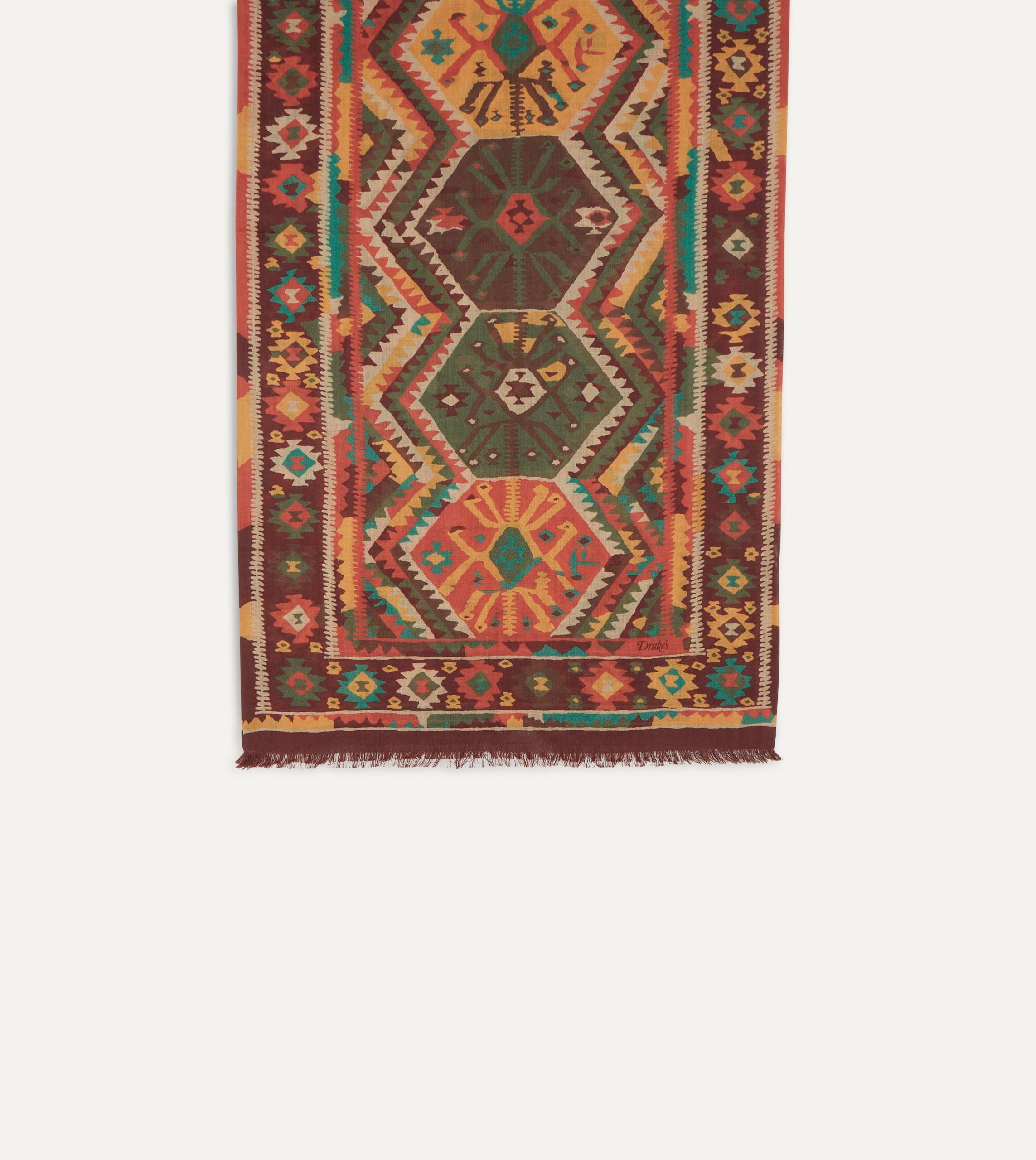 Brown Kilim Print Wool-Silk Scarf - Image 4