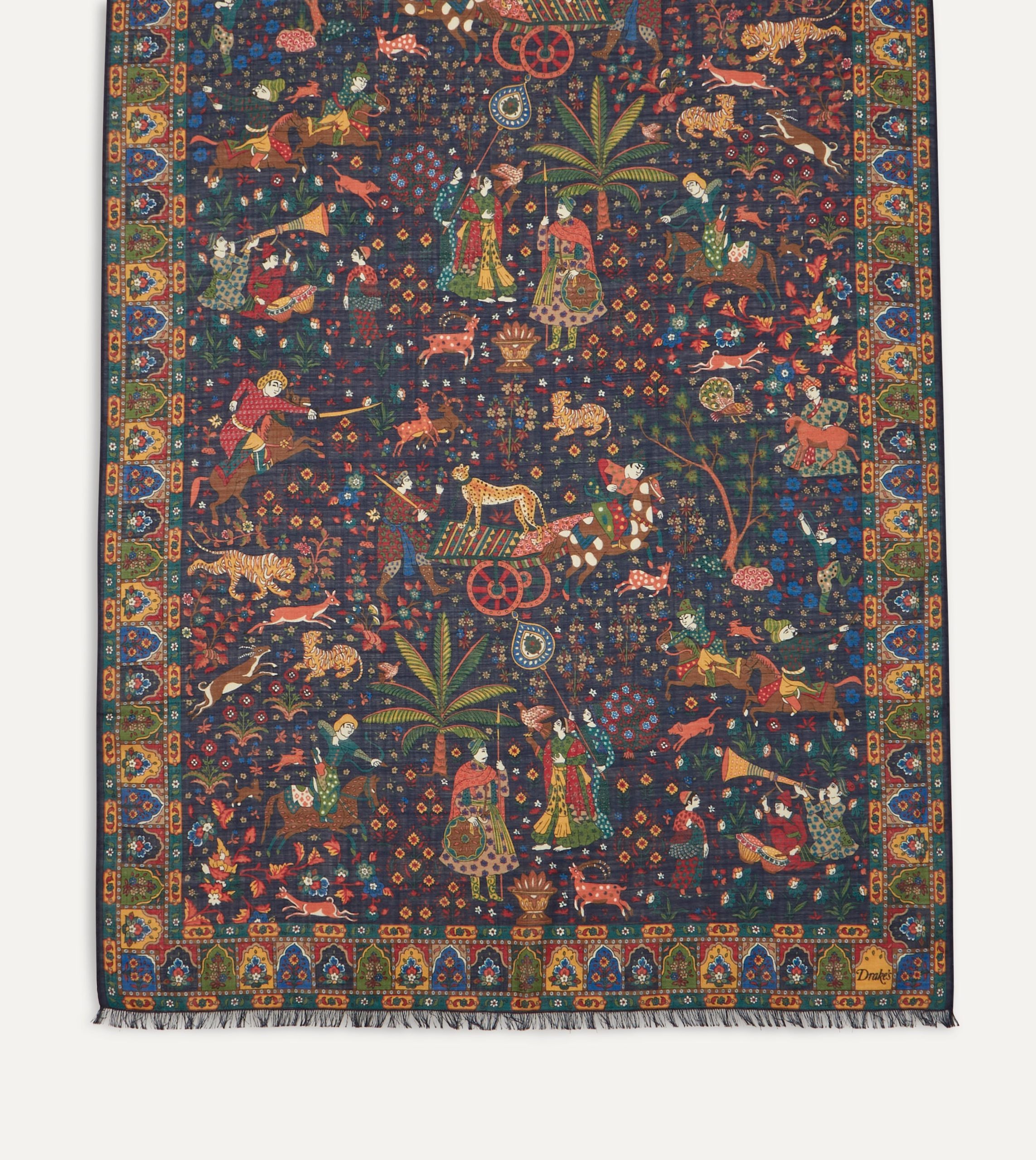 Navy Mughal Hunter Print Wool-Silk Scarf - Image 4