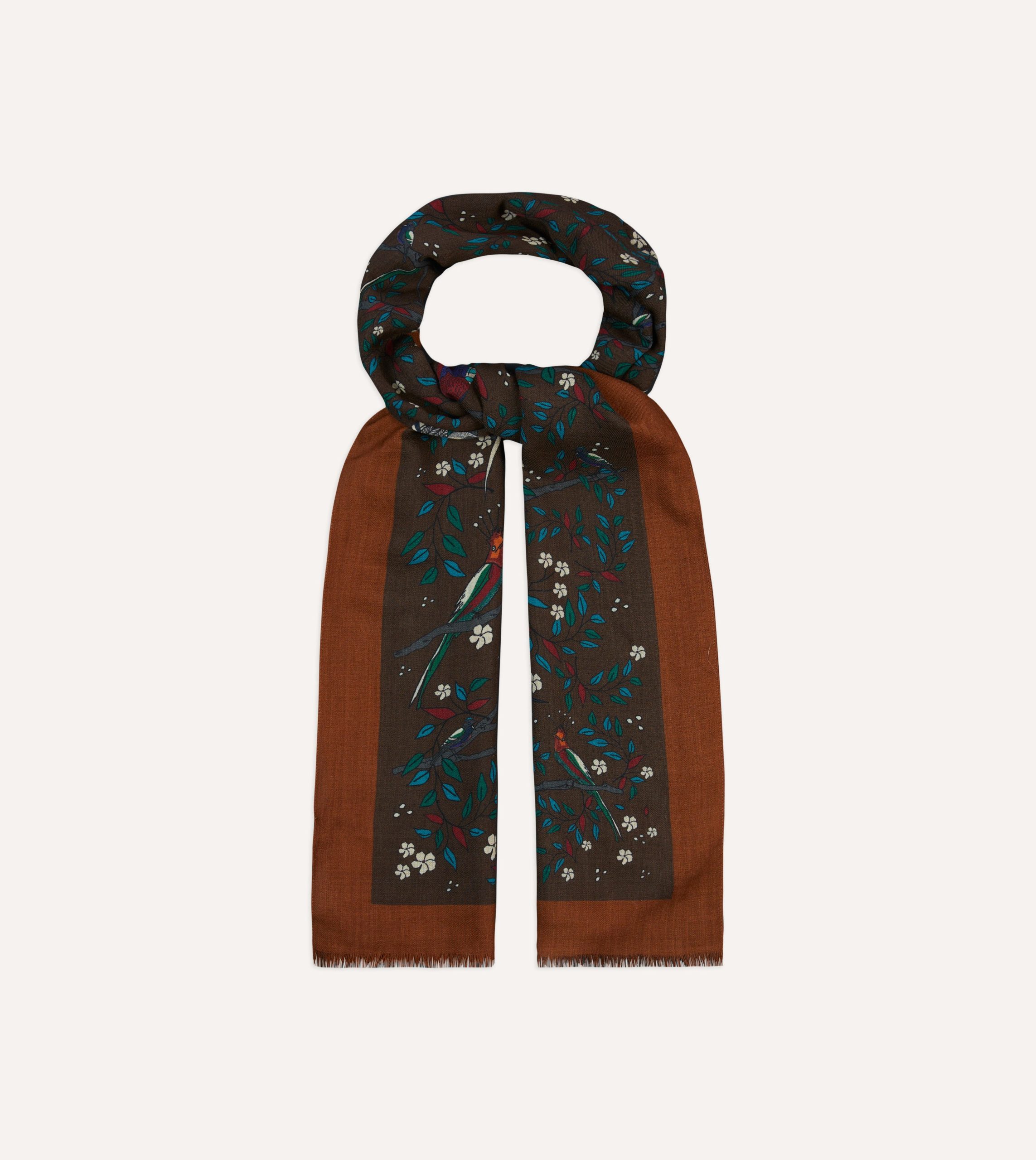 Brown Birds of Paradise Print Wool Scarf - Image 3