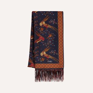 Navy Birds of Paradise Print Tubular Silk Tasselled Scarf