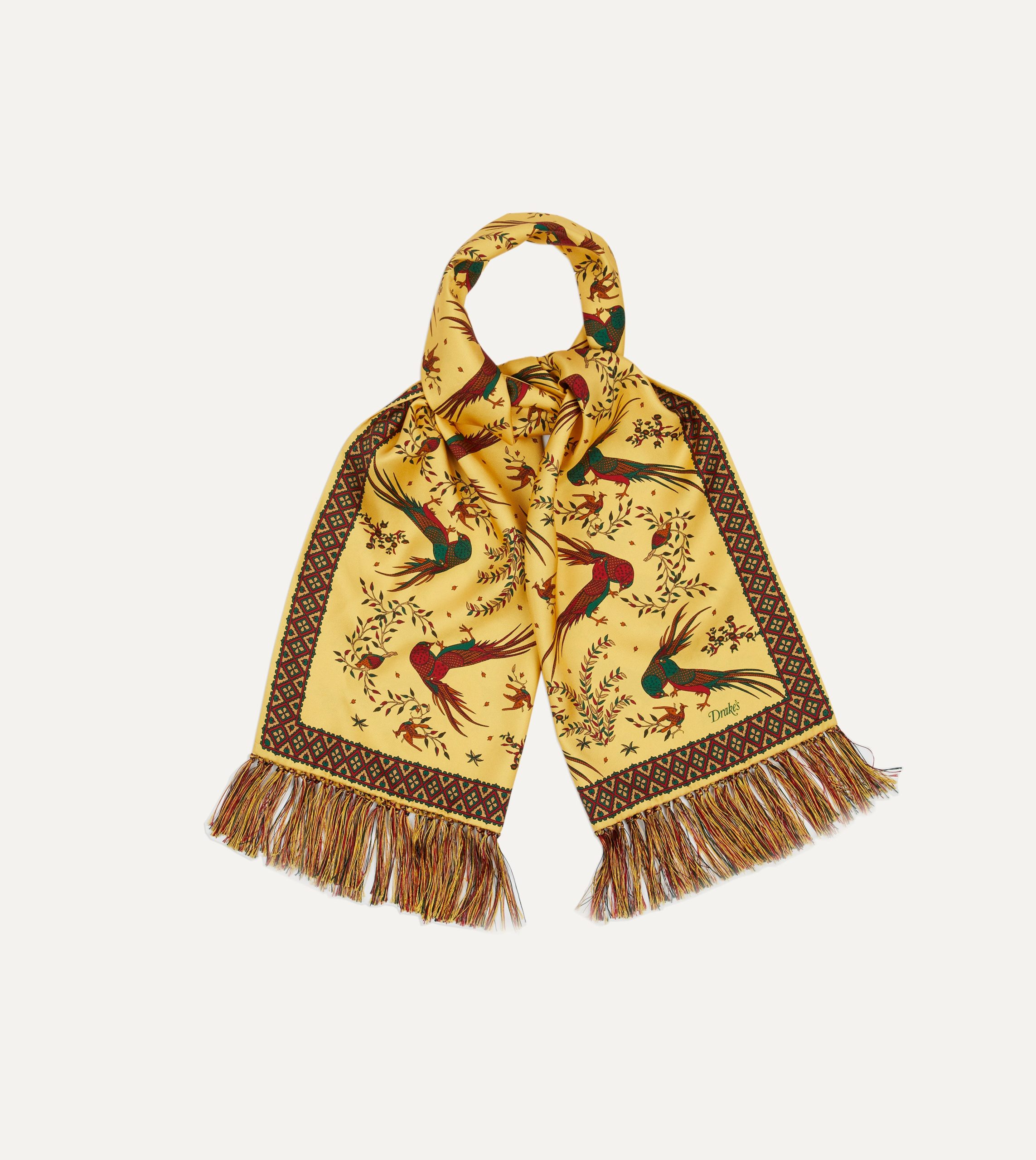 Gold Birds of Paradise Print Tubular Silk Tasselled Scarf - Image 3