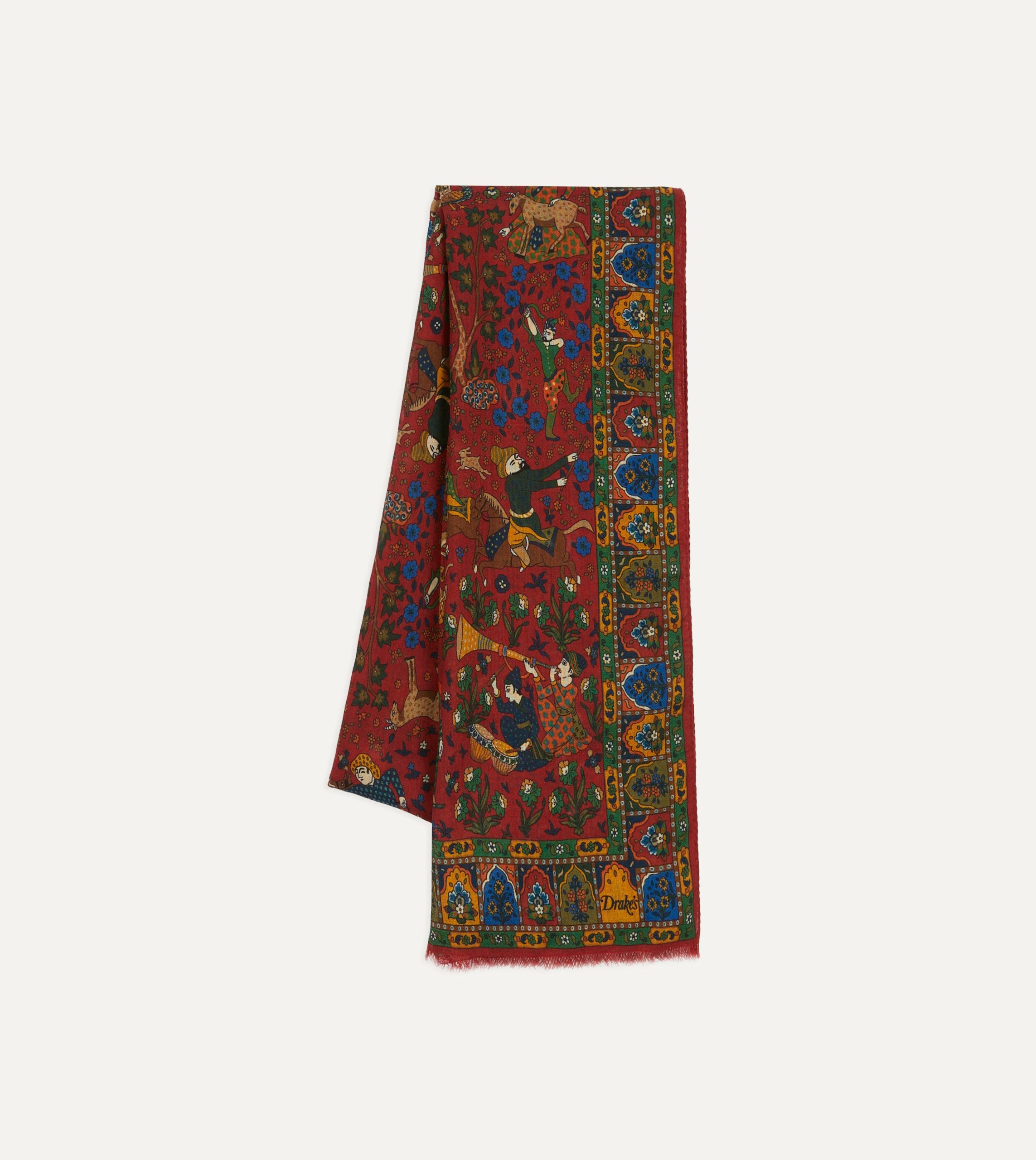 Red Mughal Hunter Print Wool-Silk Scarf - Image 3